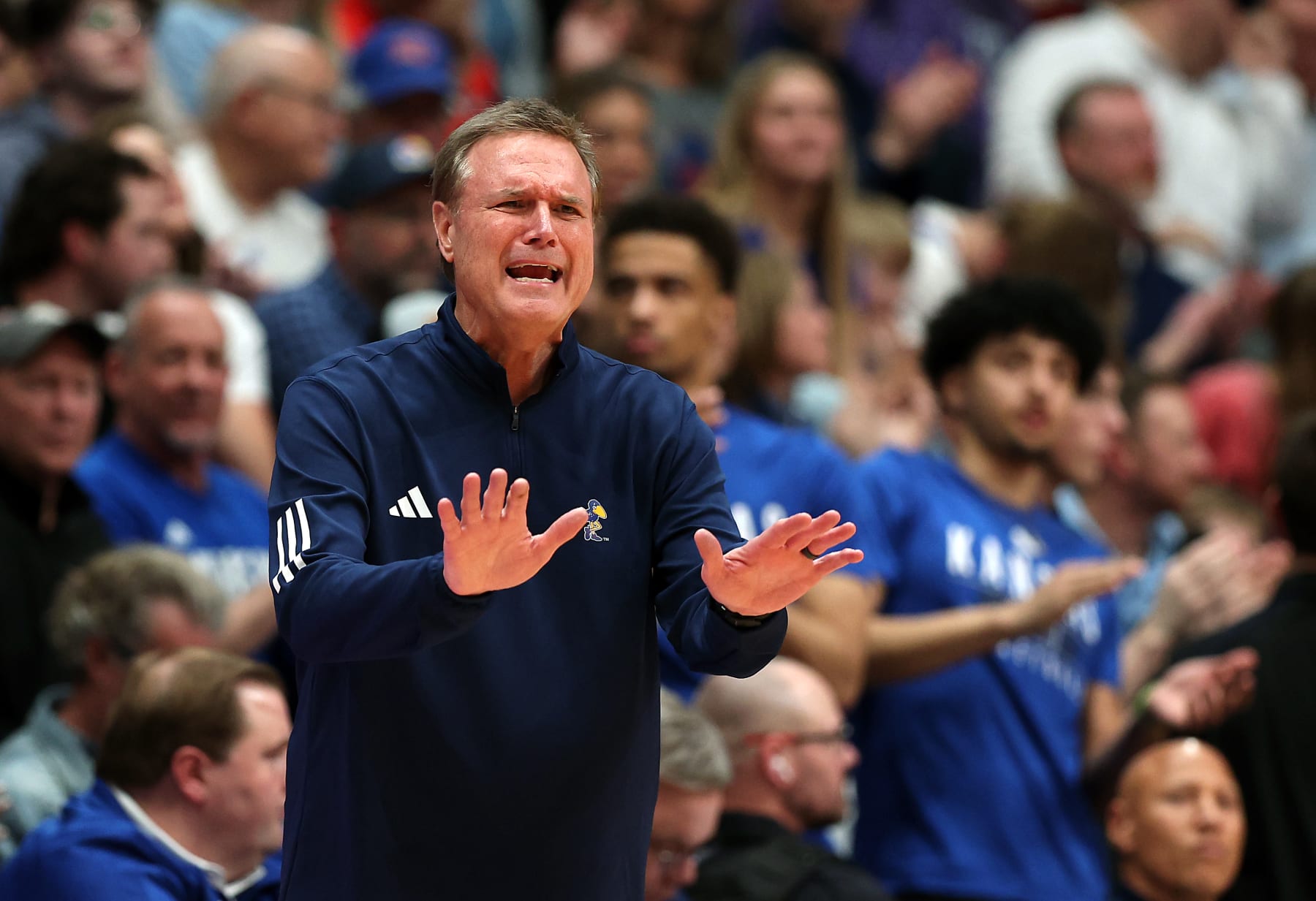 LAWRENCE, KANSAS - MARCH 05: Head coach Bill Self of the Kansas Jayhawks reacts during the 2nd half of the game against the Kansas State Wildcats at Allen Fieldhouse on March 05, 2024 in Lawrence, Kansas. (Photo by Jamie Squire/Getty Images)
