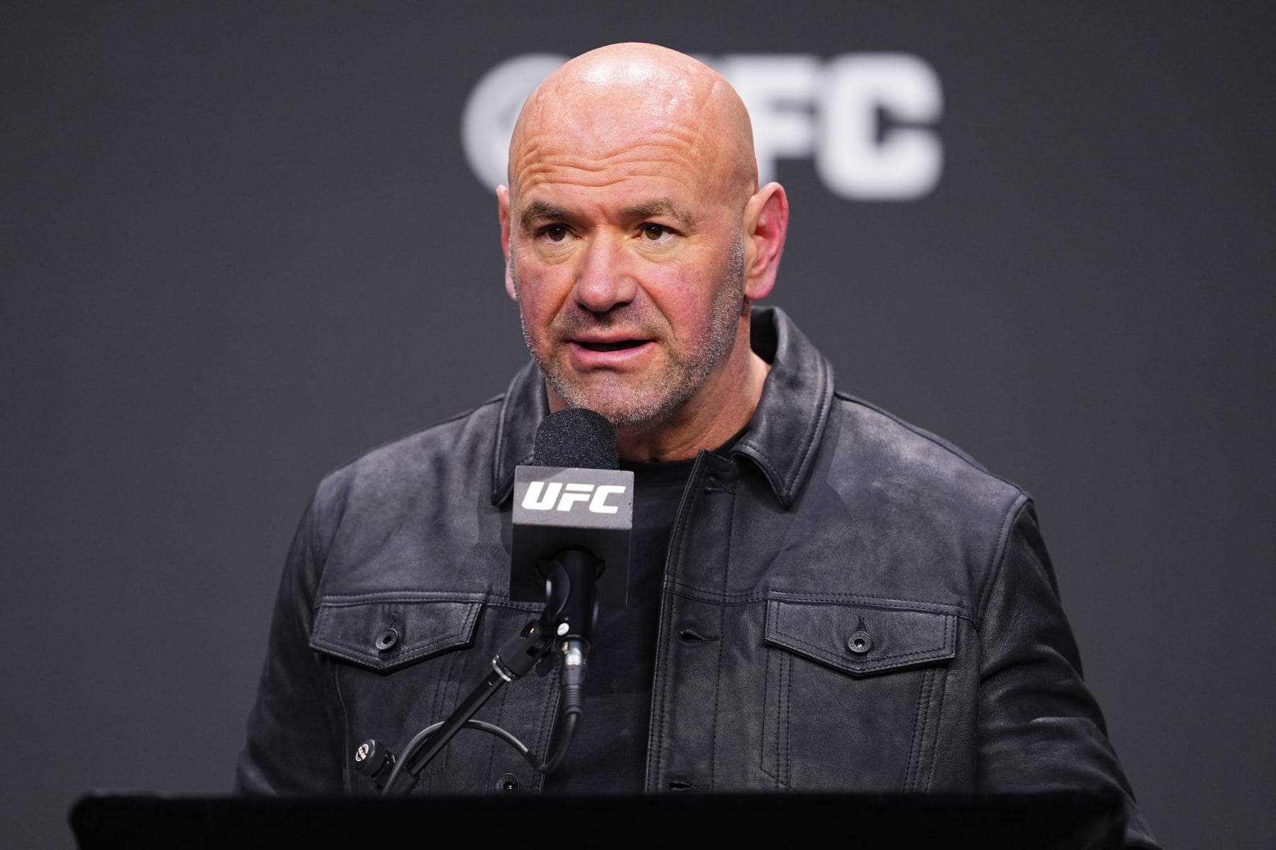 LAS VEGAS, NEVADA - DECEMBER 15: UFC CEO Dana White is seen on stage during the UFC 2024 seasonal press conference at MGM Grand Garden Arena on December 15, 2023 in Las Vegas, Nevada. (Photo by Chris Unger/Zuffa LLC via Getty Images)