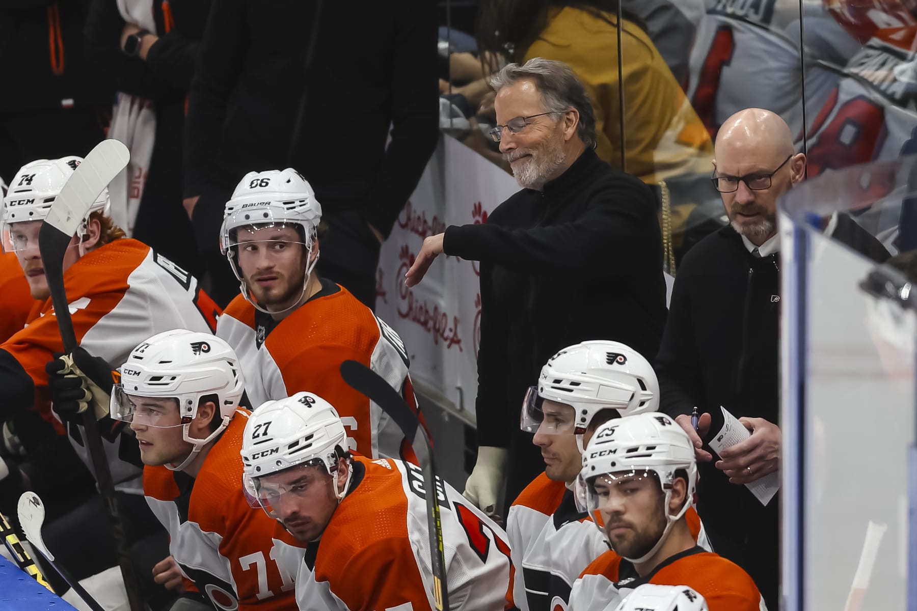 TAMPA, FL - MARCH 9: Head coach John Tortorella
of the Philadelphia Flyers reacts to being ejected during the first period against the Tampa Bay Lightning at Amalie Arena on March 9, 2024 in Tampa, Florida. (Photo by Mike Carlson/NHLI via Getty Images)