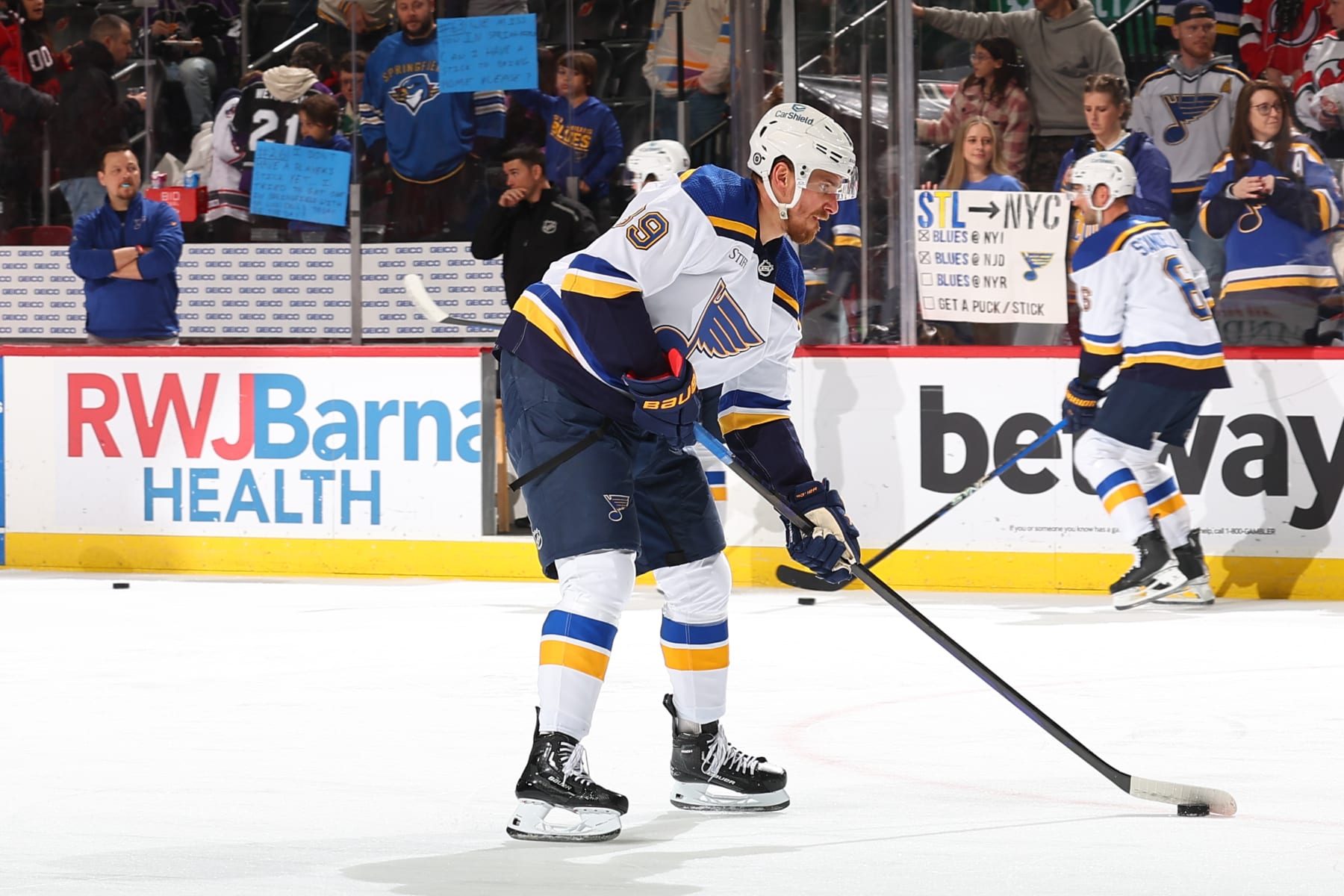 NEWARK, NJ - MARCH 07: Pavel Buchnevich #89 of the St. Louis Blues warms up prior to the game against the New Jersey Devils at the Prudential Center on March 7, 2024 in Newark, New Jersey. (Photo by Rich Graessle/NHLI via Getty Images)