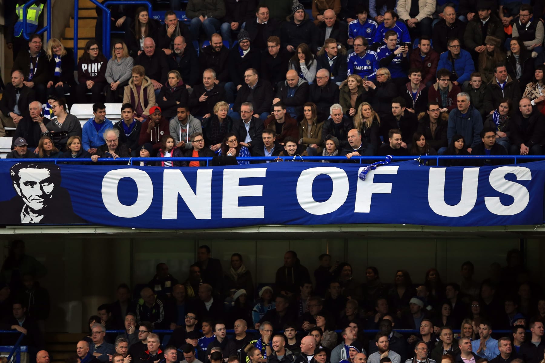 LONDON, ENGLAND - DECEMBER 26: A banner depicting former manager Jose Mourinho hangs above the fans at Stamford Bridge during the Barclays Premier League match between Chelsea and Watford at Stamford Bridge on December 26, 2015 in London, England. (Photo by Marc Atkins/Mark Leech Sports Photography/Getty Images)