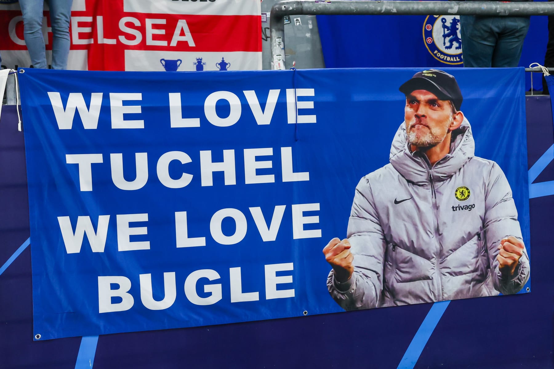 DORTMUND, GERMANY - FEBRUARY 15: Banners of Chelsea fans with Thomas Tuchel on it during the UEFA Champions Round of 16, 1st leg match between Borussia Dortmund and Chelsea at Signal Iduna Park on February 15, 2023 in Dortmund, Germany (Photo by Marcel ter Bals/Orange Pictures/BSR Agency/Getty Images)