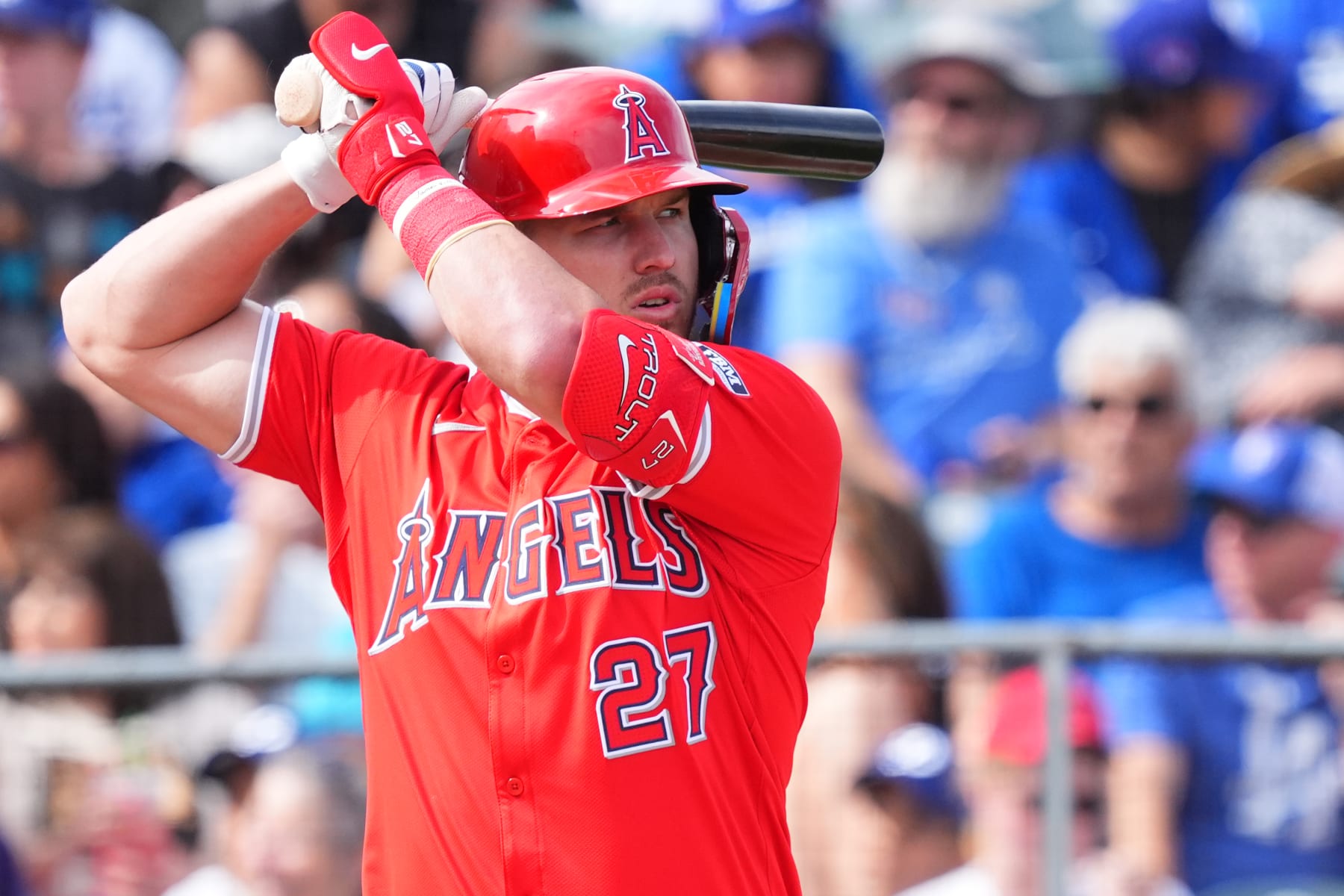 TEMPE, ARIZONA - FEBRUARY 24: Mike Trout of the Los Angeles Angels looks on against the Los Angeles Dodgers during a spring training game at the Peoria Sports Complex on February 24, 2024 in Tempe, Arizona. (Photo by Masterpress/Getty Images)
