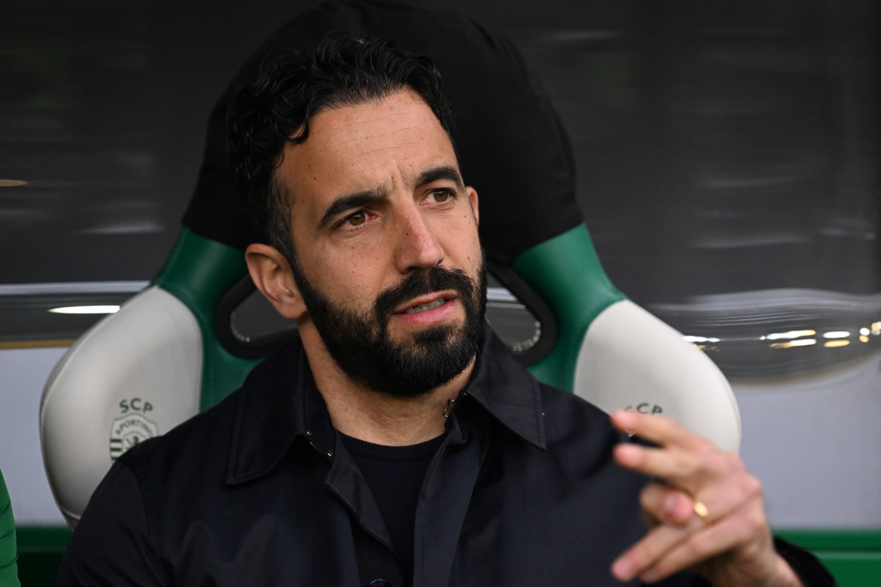 LISBON, PORTUGAL - MARCH 6: Manager Rúben Amorim of Sporting reacts during the UEFA Europa League 2023/24 round of 16 first leg match between Sporting CP and Atalanta at Estadio Jose Alvalade on March 6, 2024 in Lisbon, Portugal. (Photo by Zed Jameson/MB Media/Getty Images)