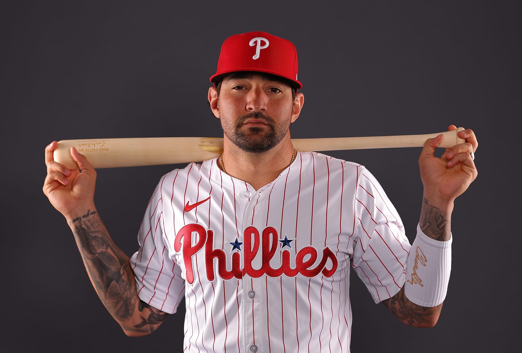 CLEARWATER, FLORIDA - FEBRUARY 22:  Nick Castellanos #8 of the Philadelphia Phillies poses for a portrait during photo day  at BayCare Ballpark on February 22, 2024 in Clearwater, Florida. (Photo by Kevin C. Cox/Getty Images)