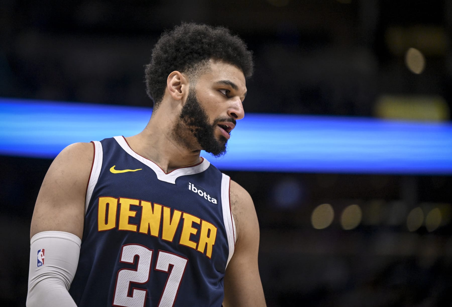 DENVER, CO - MARCH 11: Jamal Murray (27) of the Denver Nuggets prepares for action to resume against the Toronto Raptors during the second quarter at Ball Arena in Denver on Monday, March 11, 2024. (Photo by AAron Ontiveroz/The Denver Post)