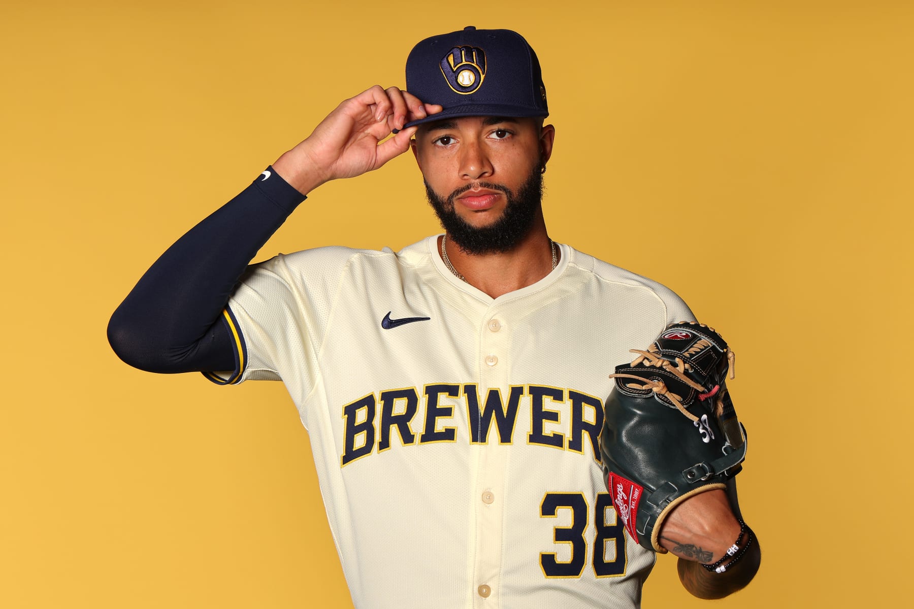 PHOENIX, ARIZONA - FEBRUARY 22: Devin Williams #38 of the Milwaukee Brewers poses for a portrait during Photo Day at American Family Fields of Phoenix on February 22, 2024 in Phoenix, Arizona. (Photo by Michael Reaves/Getty Images)