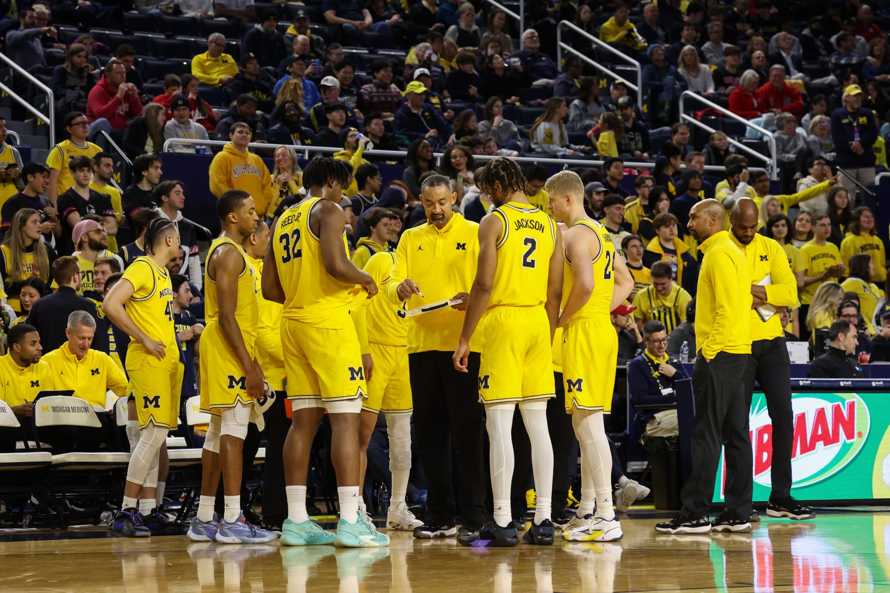 ANN ARBOR, MI - MARCH 10: Michigan Wolverines head coach Juwan Howard talks to his team during a timeout during the second half of a Big Ten Conference college basketball game between the Nebraska Cornhuskers and the Michigan Wolverines on March 10, 2024 at Crisler Center in Ann Arbor, Michigan. (Photo by Scott W. Grau/Icon Sportswire via Getty Images)