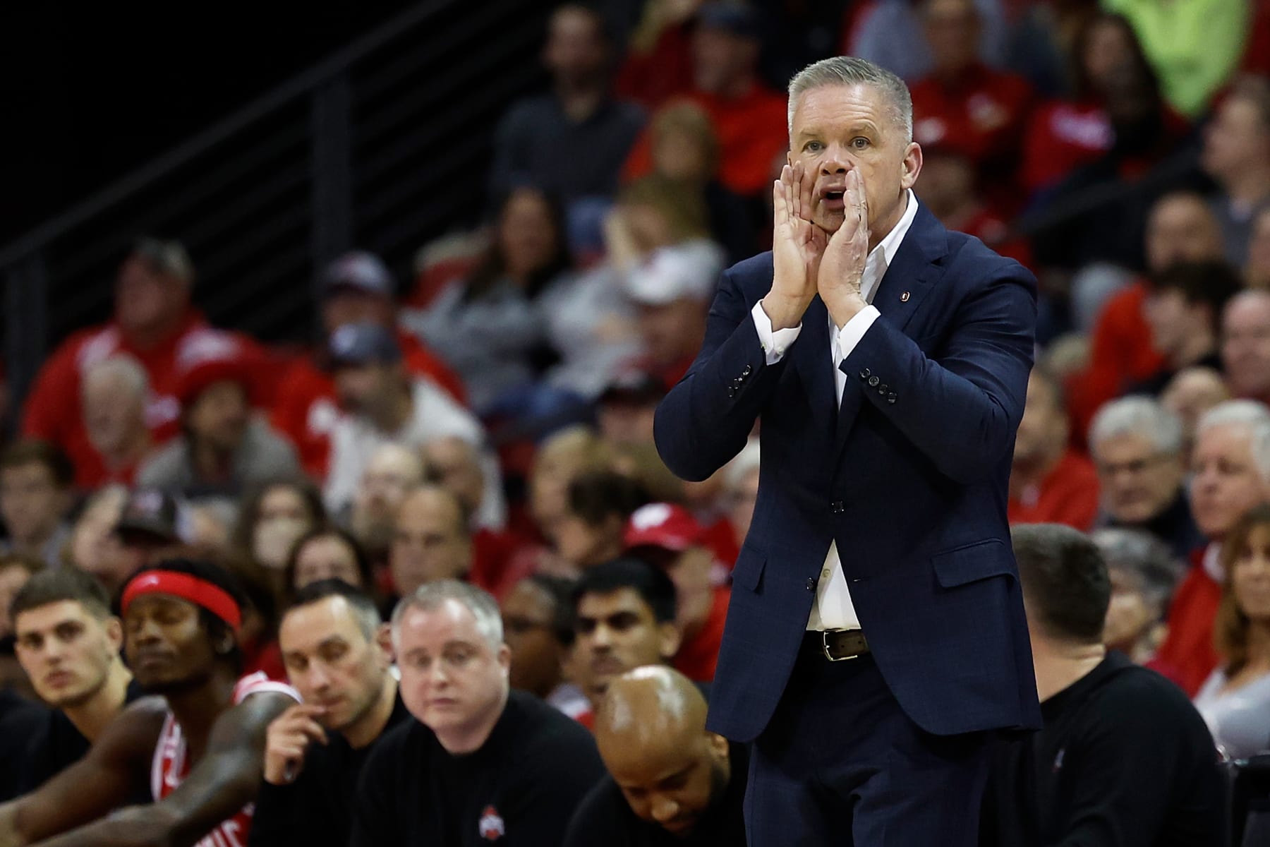 MADISON, WISCONSIN - FEBRUARY 13: Head coach Chris Holtmann of the Ohio State Buckeyes directs his team in the second half against the Wisconsin Badgers at Kohl Center on February 13, 2024 in Madison, Wisconsin. (Photo by John Fisher/Getty Images)