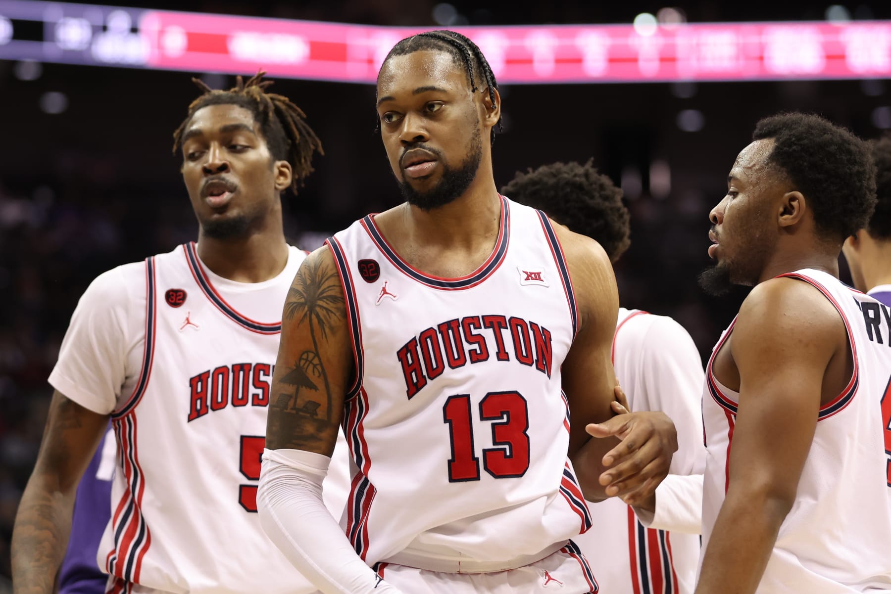 KANSAS CITY, MO - MARCH 14: Houston Cougars forward J'Wan Roberts (13) in the second half of a Big 12 tournament quarterfinal game between the TCU Horned Frogs and Houston Cougars on Mar 14, 2024 at T-Mobile Center in Kansas City, MO. (Photo by Scott Winters/Icon Sportswire via Getty Images)