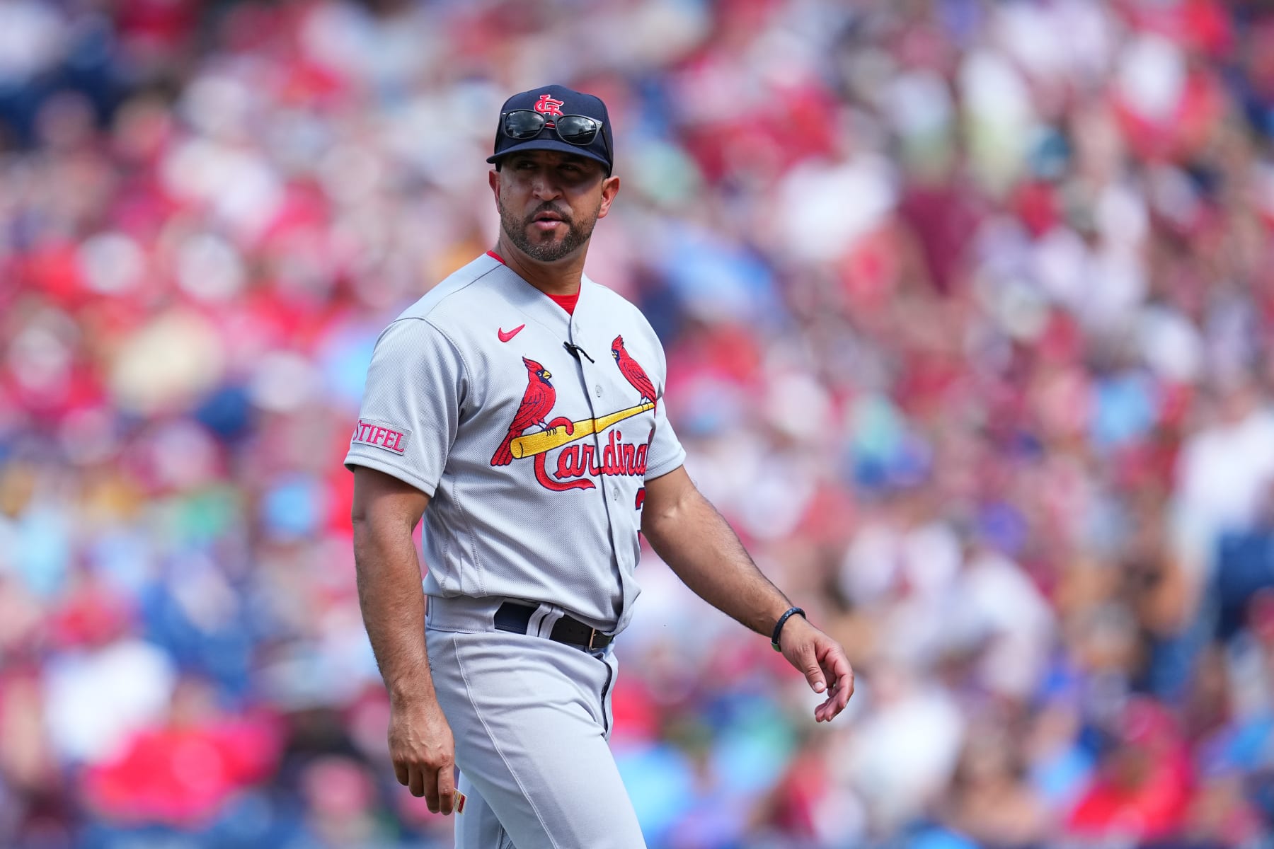 PHILADELPHIA, PENNSYLVANIA - AUGUST 27: Manager Oliver Marmol #37 of the St. Louis Cardinals looks on against the Philadelphia Phillies at Citizens Bank Park on August 27, 2023 in Philadelphia, Pennsylvania. The Phillies defeated the Cardinals 3-0. (Photo by Mitchell Leff/Getty Images)