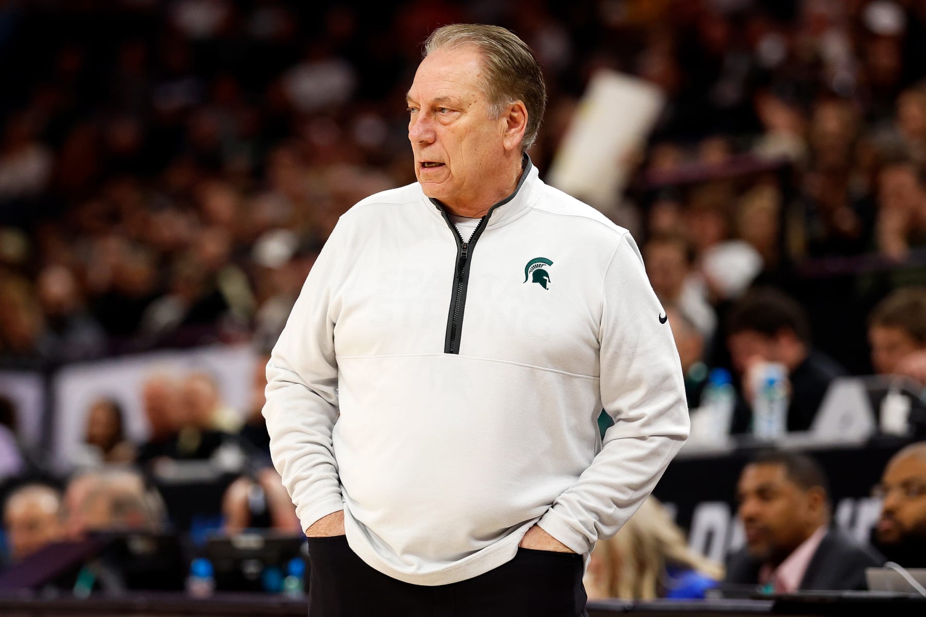 MINNEAPOLIS, MINNESOTA - MARCH 15: Head coach Tom Izzo of the Michigan State Spartans looks on against the Purdue Boilermakers in the first half at Target Center in the Quarterfinals of the Big Ten Tournament on March 15, 2024 in Minneapolis, Minnesota. (Photo by David Berding/Getty Images)