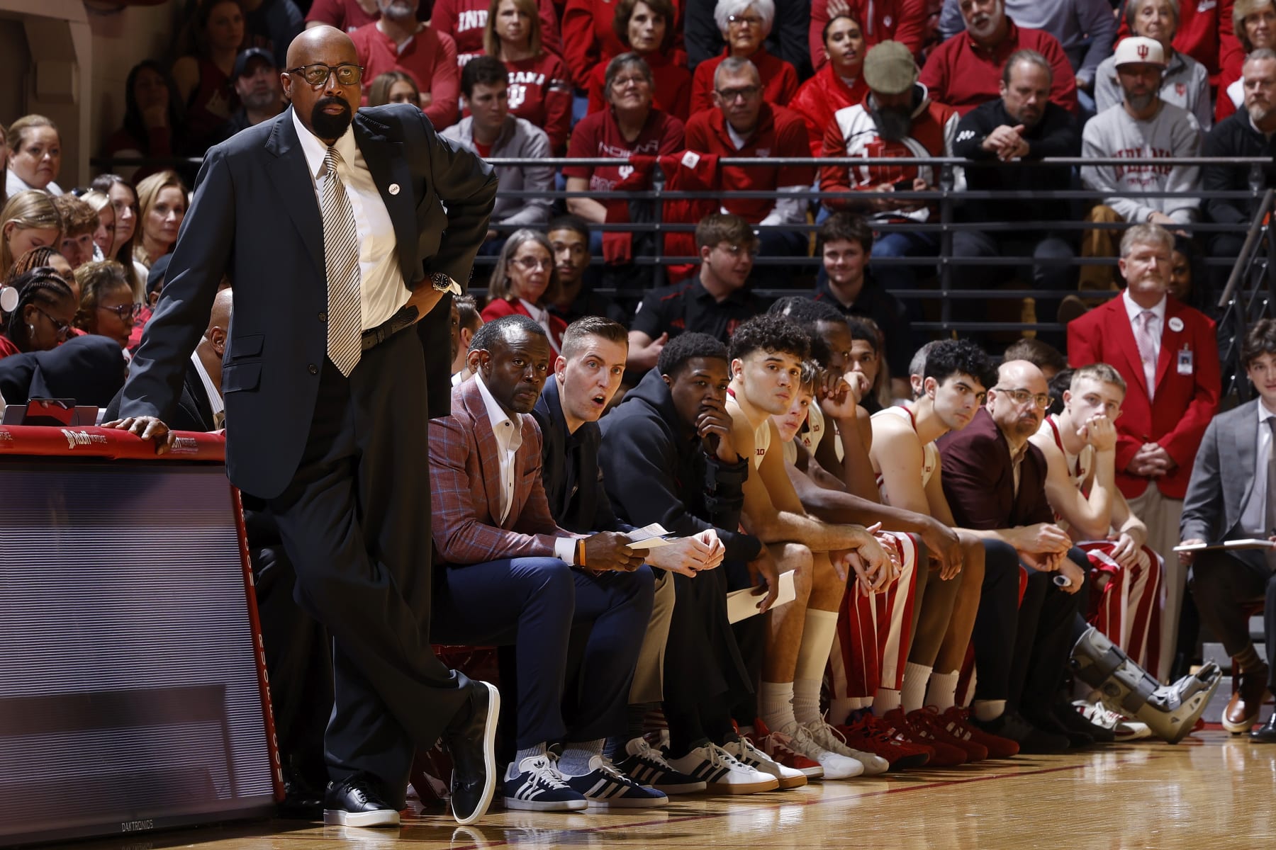 BLOOMINGTON, IN - FEBRUARY 03: Indiana Hoosiers head coach Mike Woodson looks on during a college basketball game against the Penn State Nittany Lions on February 3, 2024 at Simon Skjodt Assembly Hall in Bloomington, Indiana. (Photo by Joe Robbins/Icon Sportswire via Getty Images)