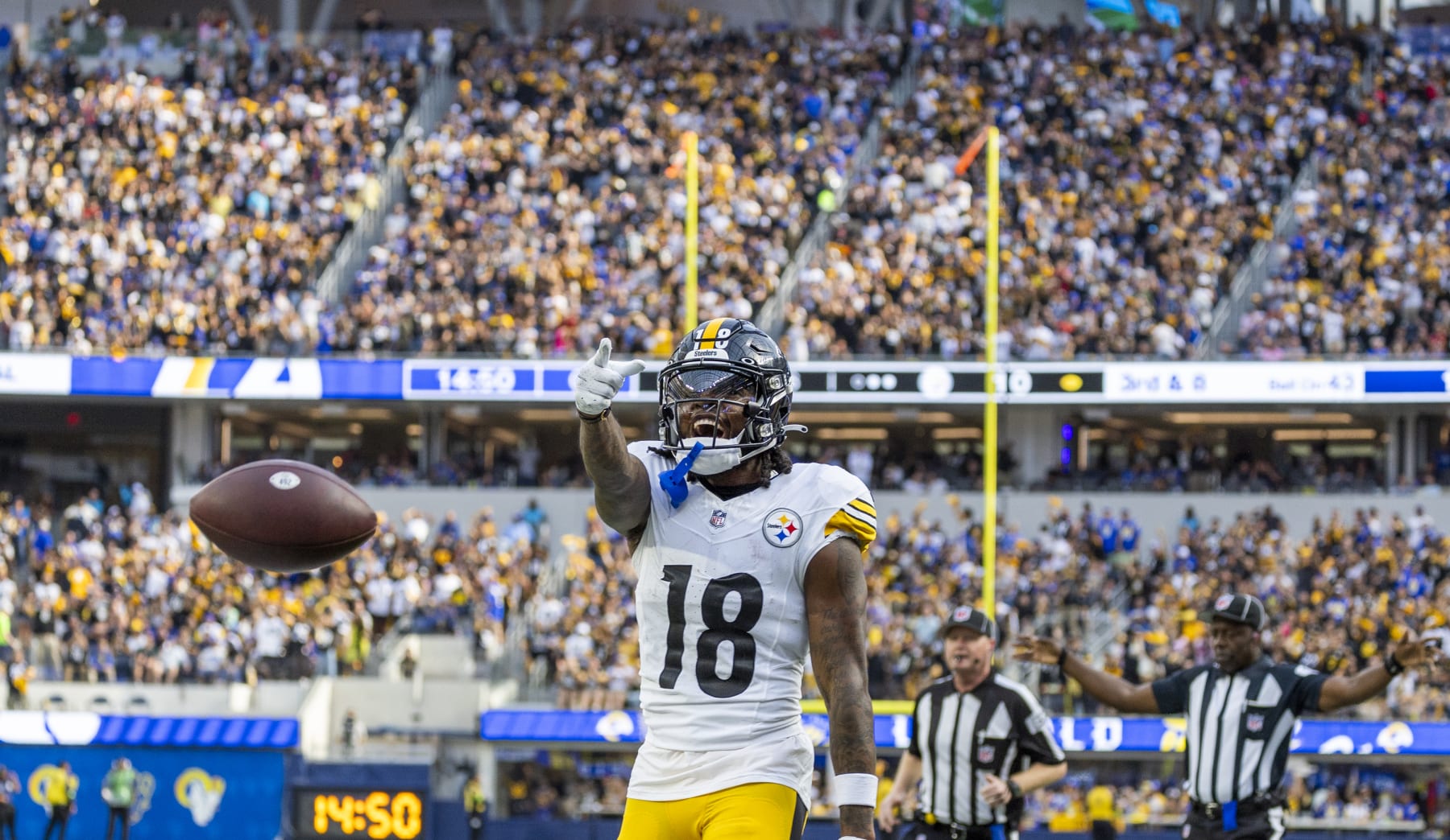 Inglewood, CA - October 22: Steelers wide receiver Diontae Johnson rallies with a large Steelers fans crowd in attendance after gaining yardage on a play against the Rams in the second half of the game at SoFi Stadium in Inglewood Sunday, Oct. 22, 2023. (Allen J. Schaben / Los Angeles Times via Getty Images)
Rams quarterback Matthew Stafford, #9,
Rams wide receiver Cooper Kupp, #10
Rams defensive tackle Aaron Donald, #99
Rams wide receiver Luka Nacua, #17
Rams tight end Tyler Higbee, #89
Rams wide receiver Tutu Atwell, #5
Rams running back Kyren Williams, #23
Rams defensive end Jonah Williams, #92
Rams nose tackle Kobie Turner, #91
Rams outside linebacker Michael Hoecht, #97
Rams outside linebacker Byron Young, #0
Rams inside linebacker Ernest Jones IV, #53
Rams inside linebacker Christian Rozeboom, #56
Rams cornerback Cobie Durant, #14
Rams cornerback Deion Kendrick, #1
Rams cornerback Ahkello Witherspoon, #44
Rams safety Jordan Fuller, #4
Rams safety Russ Yeast, #2
Rams running back Zach Evans (21)
Rams running back Royce Freeman, #24
Rams running back Myles Gaskin, #33
Steelers quarterback Kenny Pickett, #8
Steelers quarterback Mitch Trubinsky, #10
Steelers wide receiver Calvin Austin III, #19
Steelers left tackle Dan Moore Jr.
Steelers left guard Isaac Seumalo, #73
Steelers center Mason Cole, 61
Steelers right guard James Daniels, 78
Steelers right tackle Chukwuma Okorafor, #76
Steelers tight end Pat Freiermuth, #88
Steelers wide receiver Allen Robinson, III, #11
Steelers wide receiver George Pickens, #14
Steelers running back Najee Harris, #22
Steelers full back Connor Hayward, #83,
Rams