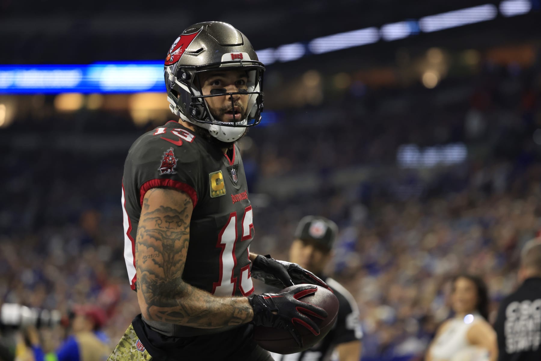 INDIANAPOLIS, INDIANA - NOVEMBER 26: Mike Evans #13 of the Tampa Bay Buccaneers celebrates after a touchdown in the game against the Indianapolis Colts at Lucas Oil Stadium on November 26, 2023 in Indianapolis, Indiana. (Photo by Justin Casterline/Getty Images)