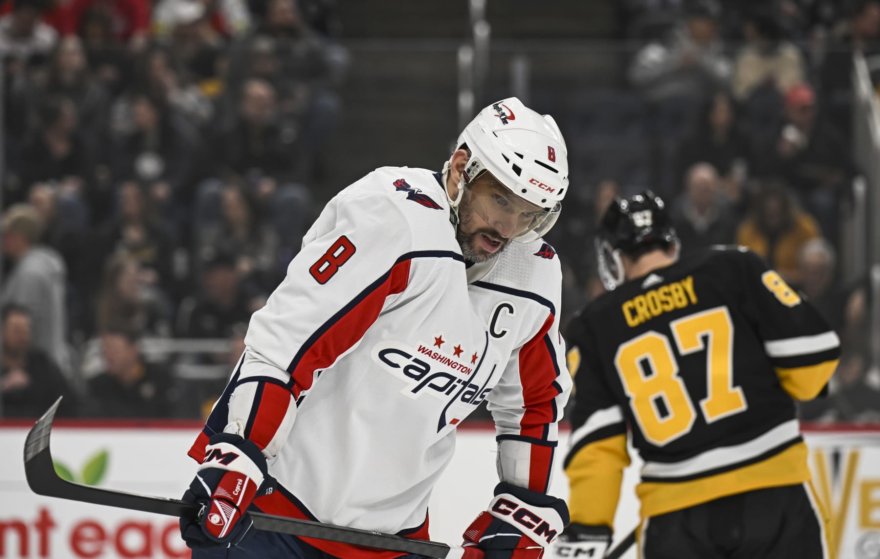PITTSBURGH, PA - MARCH 07: Washington Capitals left wing Alex Ovechkin (8) and Pittsburgh Penguins center Sidney Crosby (87) on the ice during the first period in the NHL game between the Pittsburgh Penguins and the Washington Capitals on March 7, 2024, at PPG Paints Arena in Pittsburgh, PA. (Photo by Jeanine Leech/Icon Sportswire via Getty Images)
