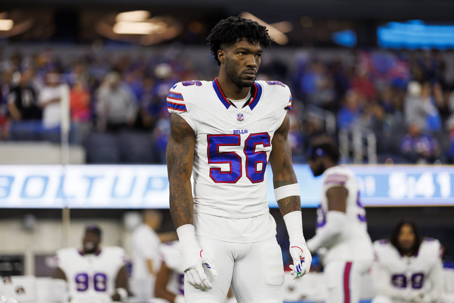 INGLEWOOD, CA - DECEMBER 23: Leonard Floyd #56 of the Buffalo Bills looks on from the sideline before an NFL football game against the Los Angeles Chargers at SoFi Stadium on December 23, 2023 in Inglewood, California. (Photo by Ryan Kang/Getty Images)