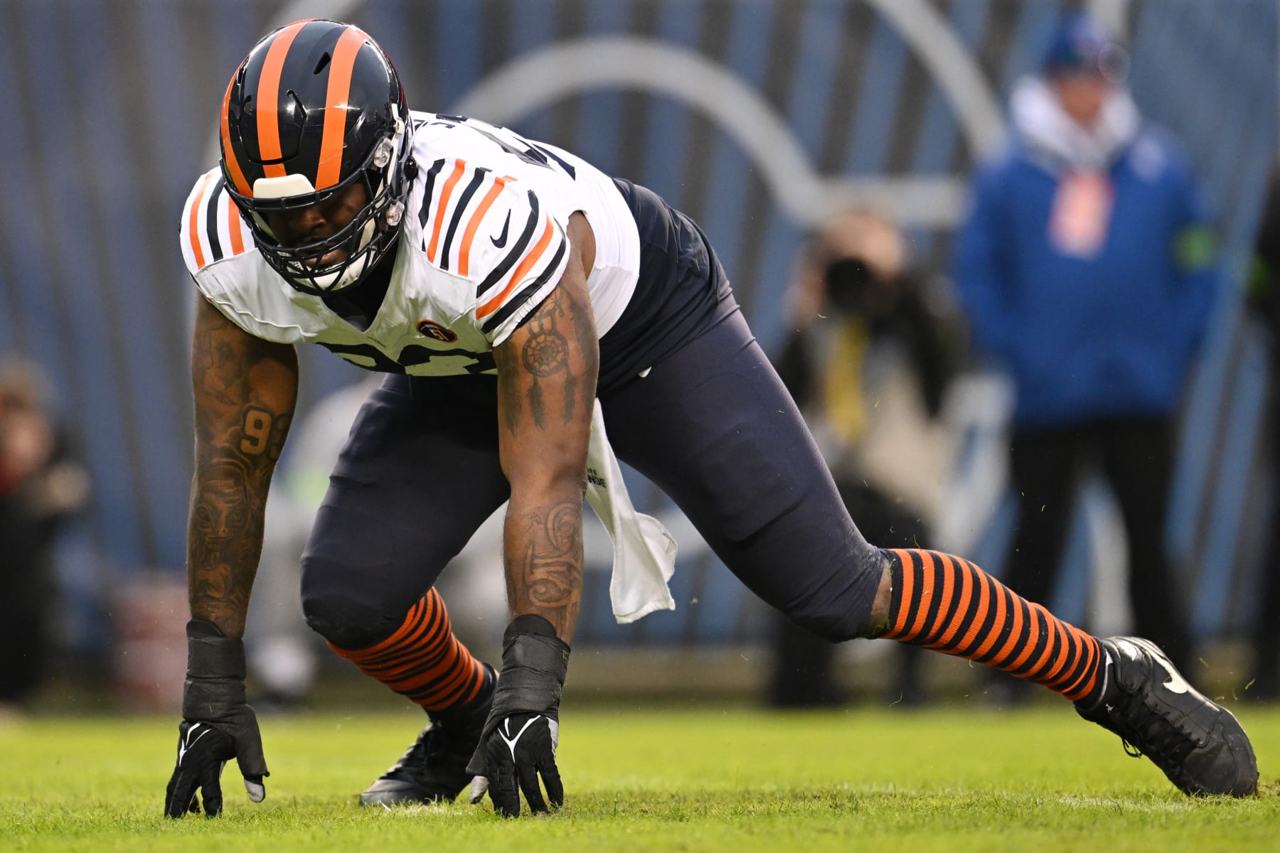 CHICAGO, ILLINOIS - DECEMBER 24: Justin Jones #93 of the Chicago Bears reacts after a sack during the first quarter against the Arizona Cardinals at Soldier Field on December 24, 2023 in Chicago, Illinois. (Photo by Quinn Harris/Getty Images)