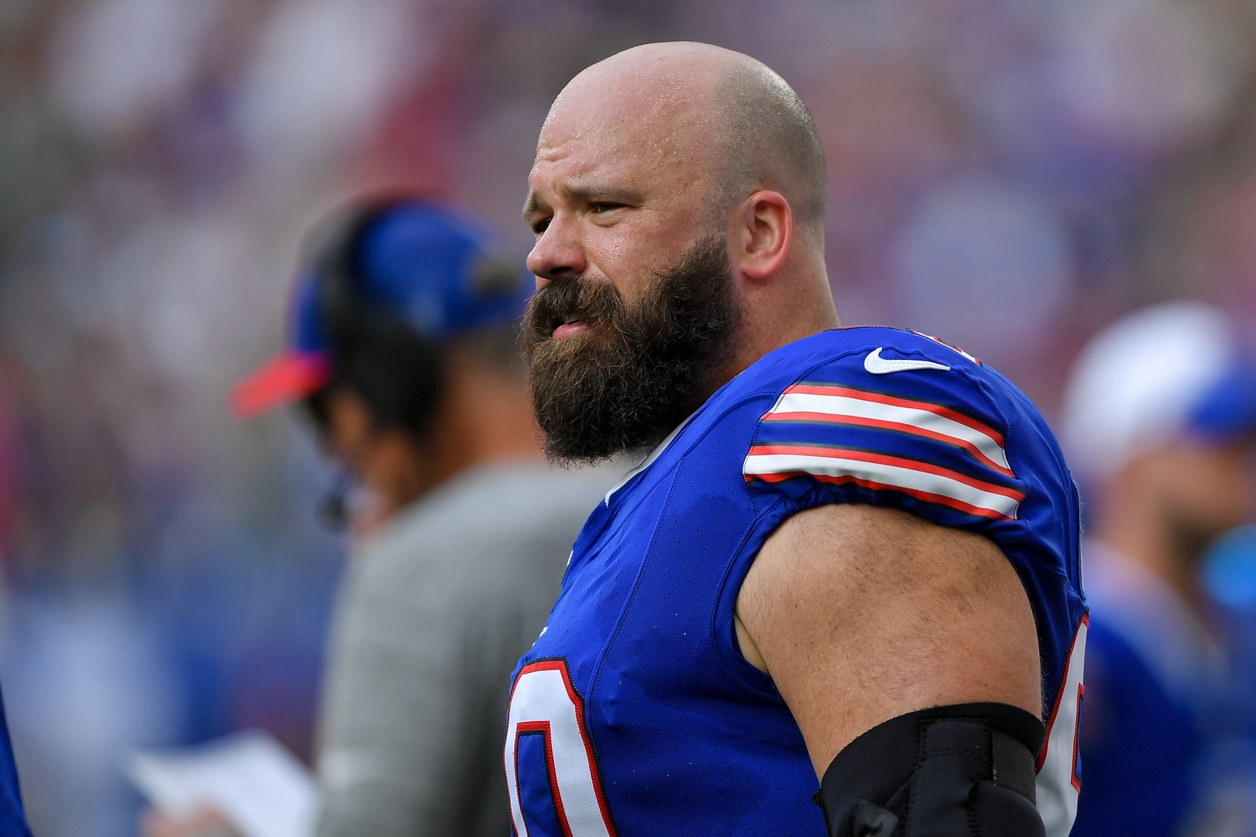 LONDON, ENGLAND - OCTOBER 8: Mitch Morse of Buffalo Bills looks on during the NFL match between Jacksonville Jaguars and Buffalo Bills at Tottenham Hotspur Stadium on October 8, 2023 in London, England. (Photo by Vincent Mignott/DeFodi Images via Getty Images)