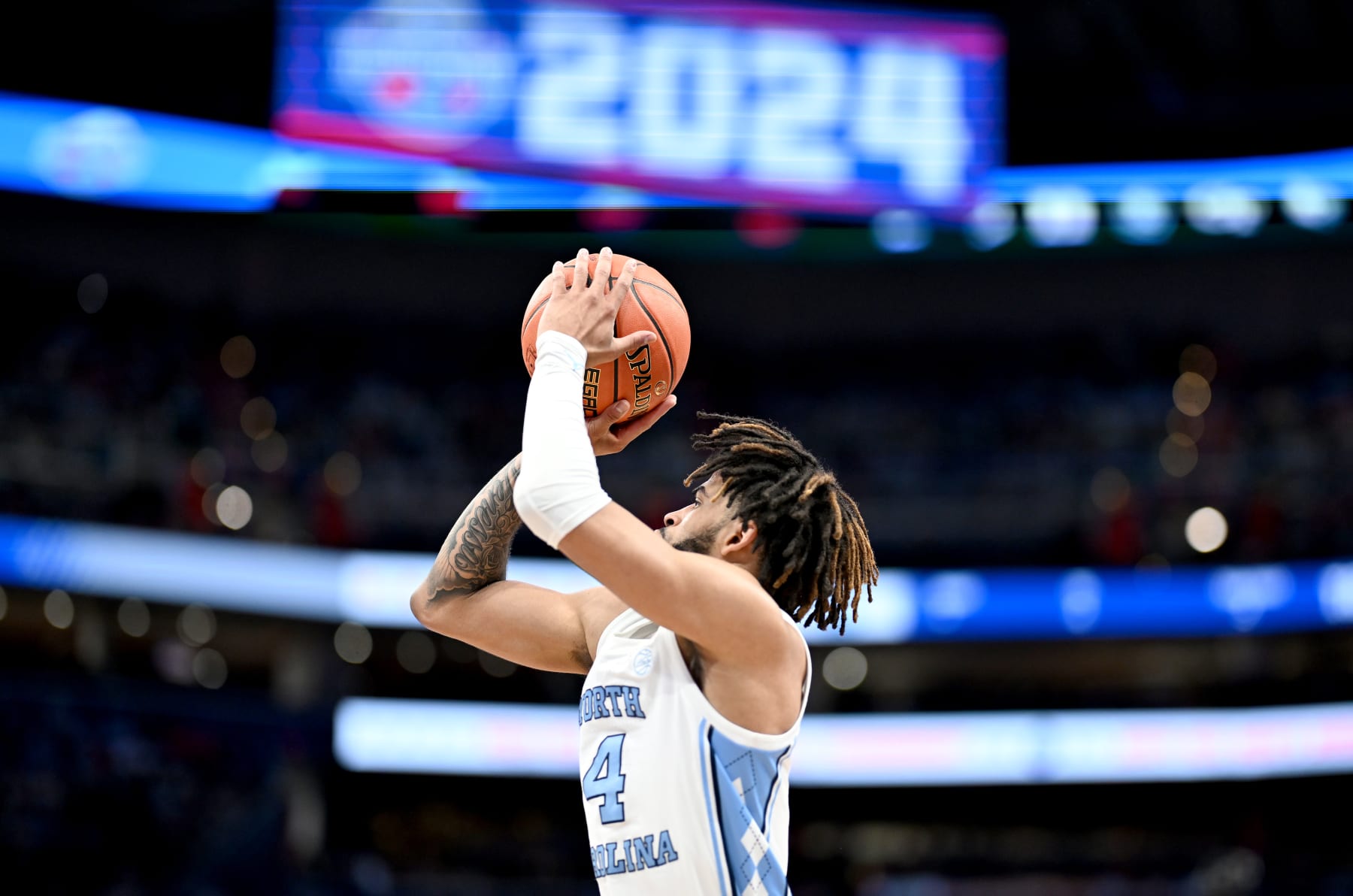 WASHINGTON, DC - MARCH 16: RJ Davis #4 of the North Carolina Tar Heels shoots the ball in the first half against the North Carolina State Wolfpack in the Championship Game of the ACC Men's Basketball Tournament at Capital One Arena on March 16, 2024 in Washington, DC. (Photo by Greg Fiume/Getty Images)