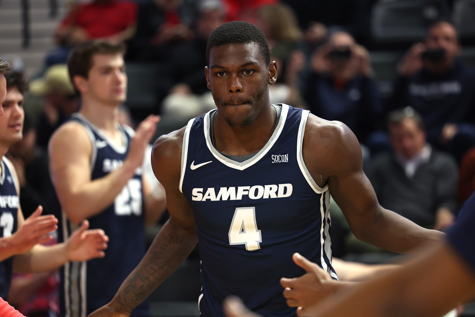 SPARTANBURG, SC - FEBRUARY 28: Samford Bulldogs forward Jermaine Marshall (4) during a college basketball game between the Samford Bulldogs and the Wofford Terriers on February 28, 2024 at Jerry Richardson Indoor Stadium in Spartanburg, S.C. (Photo by John Byrum/Icon Sportswire via Getty Images)