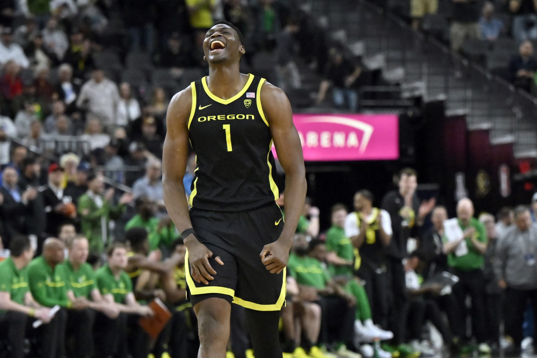 LAS VEGAS, NEVADA - MARCH 16: N'Faly Dante #1 of the Oregon Ducks reacts as he anticipates victory over the Colorado Buffaloes in the second half of the championship game in the Pac-12 basketball tournament at T-Mobile Arena on March 16, 2024 in Las Vegas, Nevada. The Ducks defeated the Buffaloes 75-68. (Photo by David Becker/Getty Images)