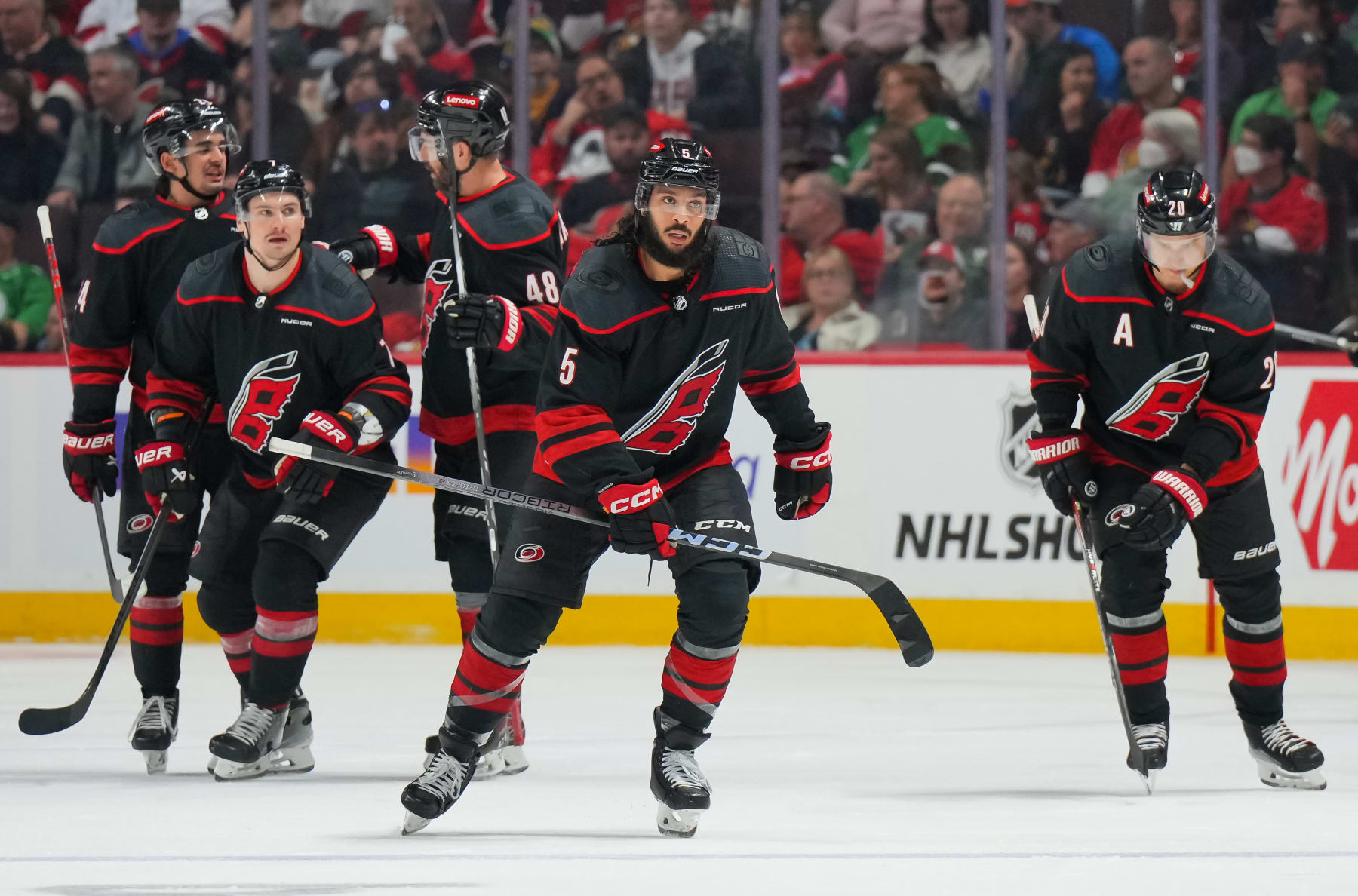 OTTAWA, CANADA - MARCH 17: Jalen Chatfield #5 of the Carolina Hurricanes celebrates his third period goal against the Ottawa Senators at Canadian Tire Centre on March 17, 2024 in Ottawa, Ontario, Canada. (Photo by André Ringuette/NHLI via Getty Images)