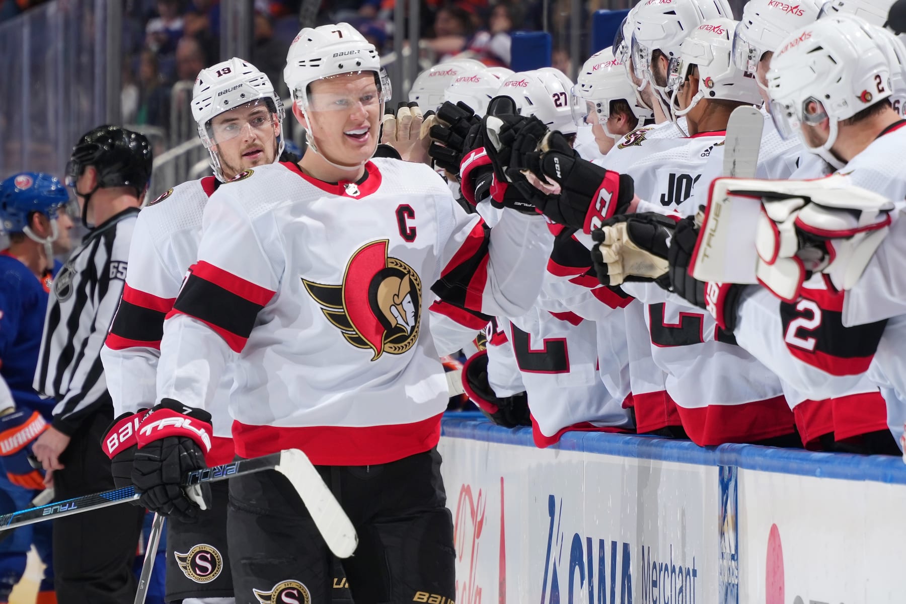 ELMONT, NEW YORK - MARCH 16: Brady Tkachuk #7 of the Ottawa Senators celebrates his third period goal against the New York Islanders at UBS Arena on March 16, 2024 in Elmont, New York. (Photo by Mike Stobe/NHLI via Getty Images)