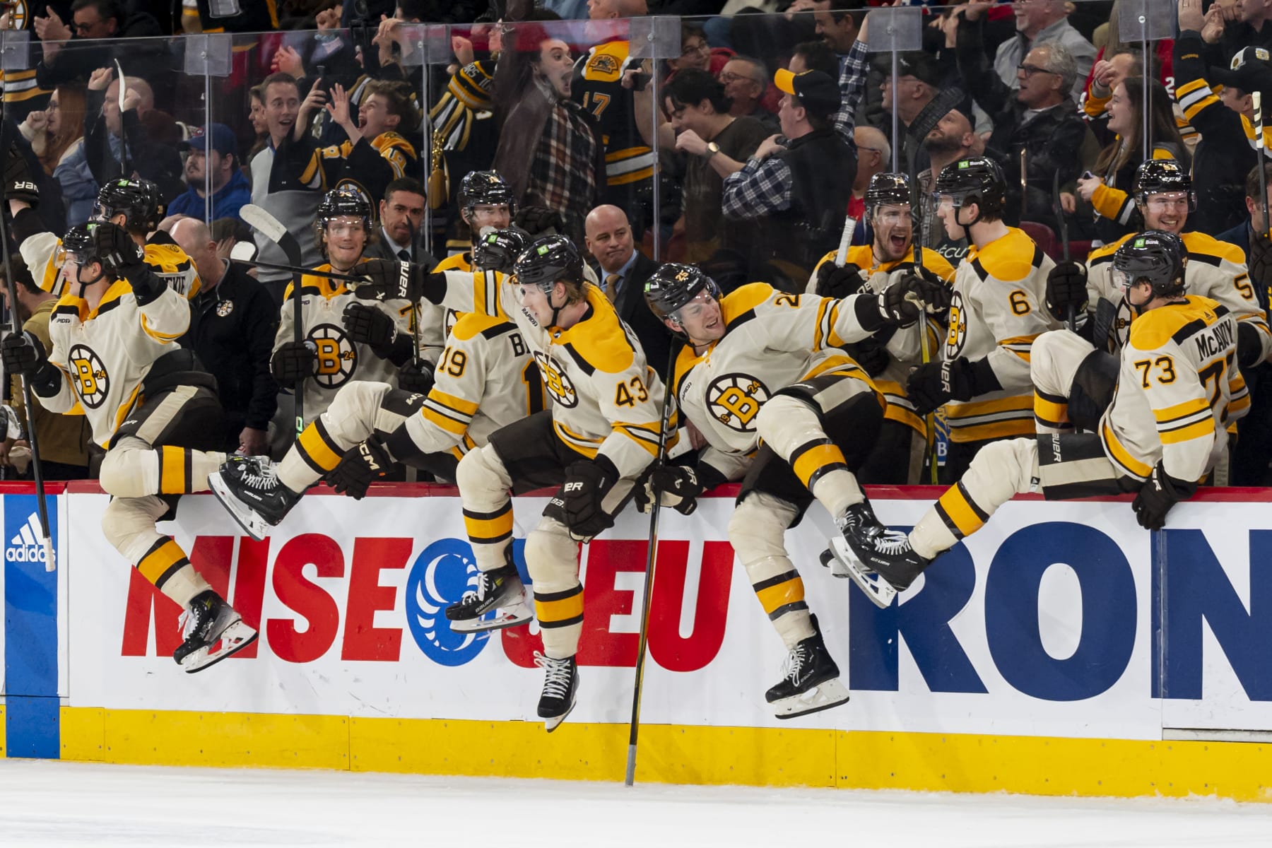 MONTREAL, CANADA - MARCH 14: The Boston Bruins bench clears after a goal was scored by Jake DeBrusk #74 during the overtime period of the NHL regular season game against the Montreal Canadiens at the Bell Centre on March 14, 2024 in Montreal, Quebec, Canada. The Bruins won 2-1 in overtime. (Photo by Arianne Bergeron/NHLI via Getty Images)