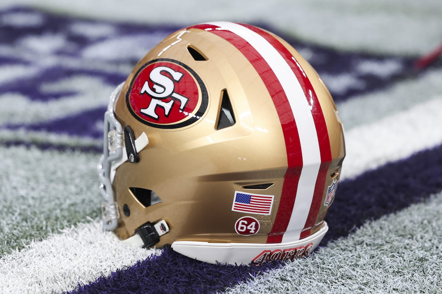 LAS VEGAS, NV - FEBRUARY 11: A detailed view of a San Francisco 49ers helmet prior to Super Bowl LVIII against the Kansas City Chiefs at Allegiant Stadium on February 11, 2024 in Las Vegas, NV. (Photo by Perry Knotts/Getty Images) LAS VEGAS, NV - FEBRUARY 11: A detailed view of a San Francisco 49ers helmet prior to Super Bowl LVIII against the Kansas City Chiefs at Allegiant Stadium on February 11, 2024 in Las Vegas, NV. (Photo by Perry Knotts/Getty Images)