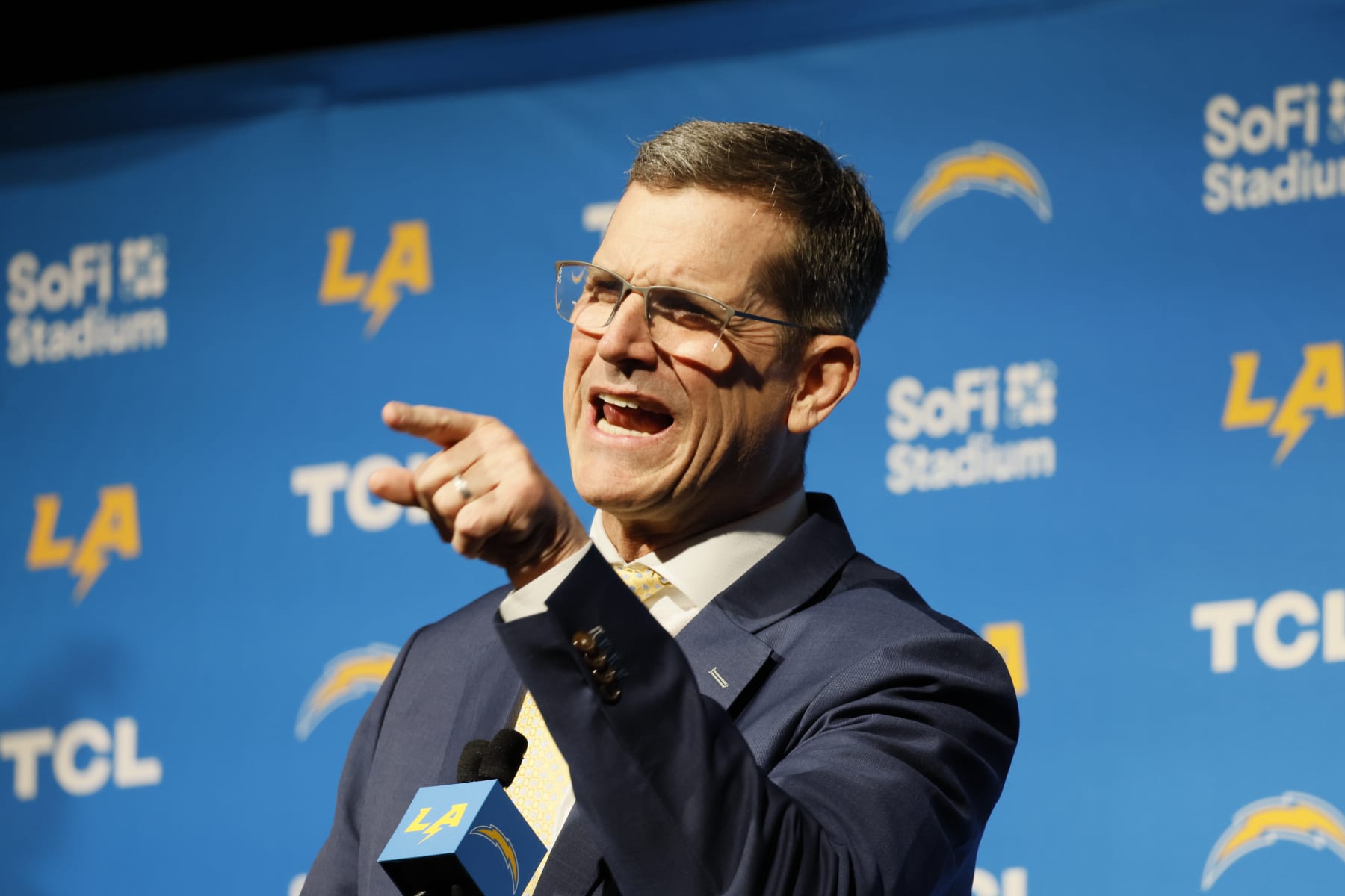 INGLEWOOD, CA - FEBRUARY 01: New Los Angeles Chargers Head Coach Jim Harbaugh speaks during his introductory press conference at YouTube Theater in Inglewood Thursday, Feb. 1, 2024. (Allen J. Schaben / Los Angeles Times via Getty Images)