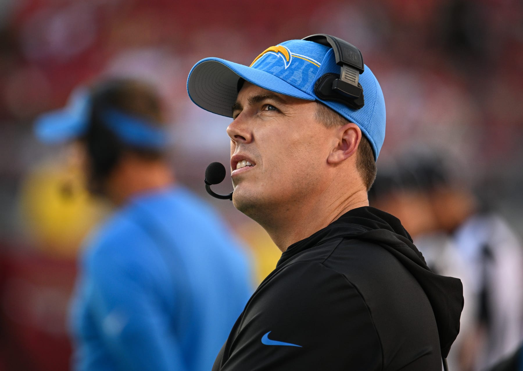 SANTA CLARA, CALIFORNIA - AUGUST 25: Offensive coordinator Kellen Moore of the Los Angeles Chargers looks on during the first half of a preseason game against the San Francisco 49ers at Levi's Stadium on August 25, 2023 in Santa Clara, California. (Photo by Loren Elliott/Getty Images)