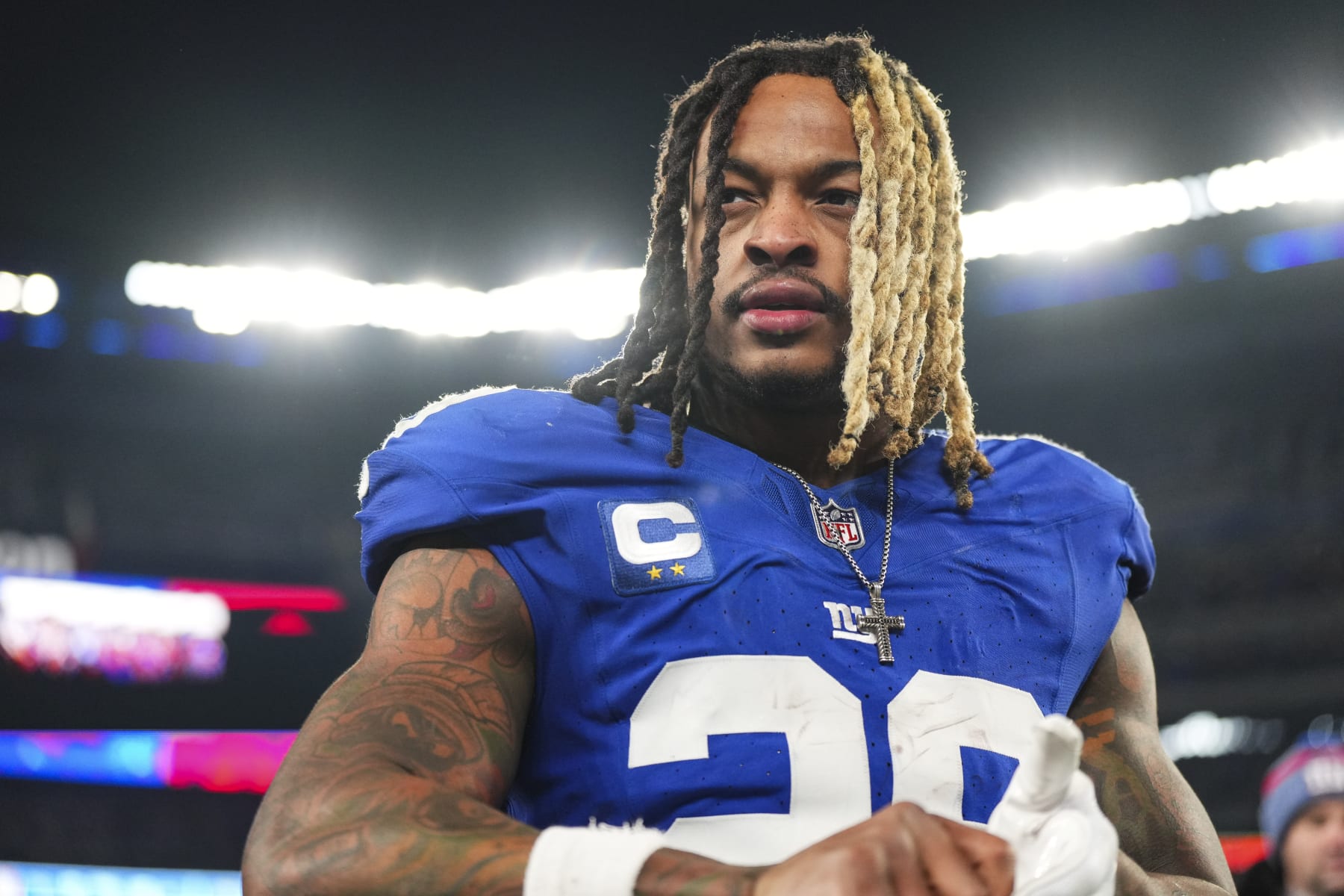 EAST RUTHERFORD, NJ - JANUARY 07: Xavier McKinney #29 of the New York Giants walks off of the field after an NFL football game against the Philadelphia Eagles at MetLife Stadium on January 7, 2024 in East Rutherford, New Jersey. (Photo by Cooper Neill/Getty Images)