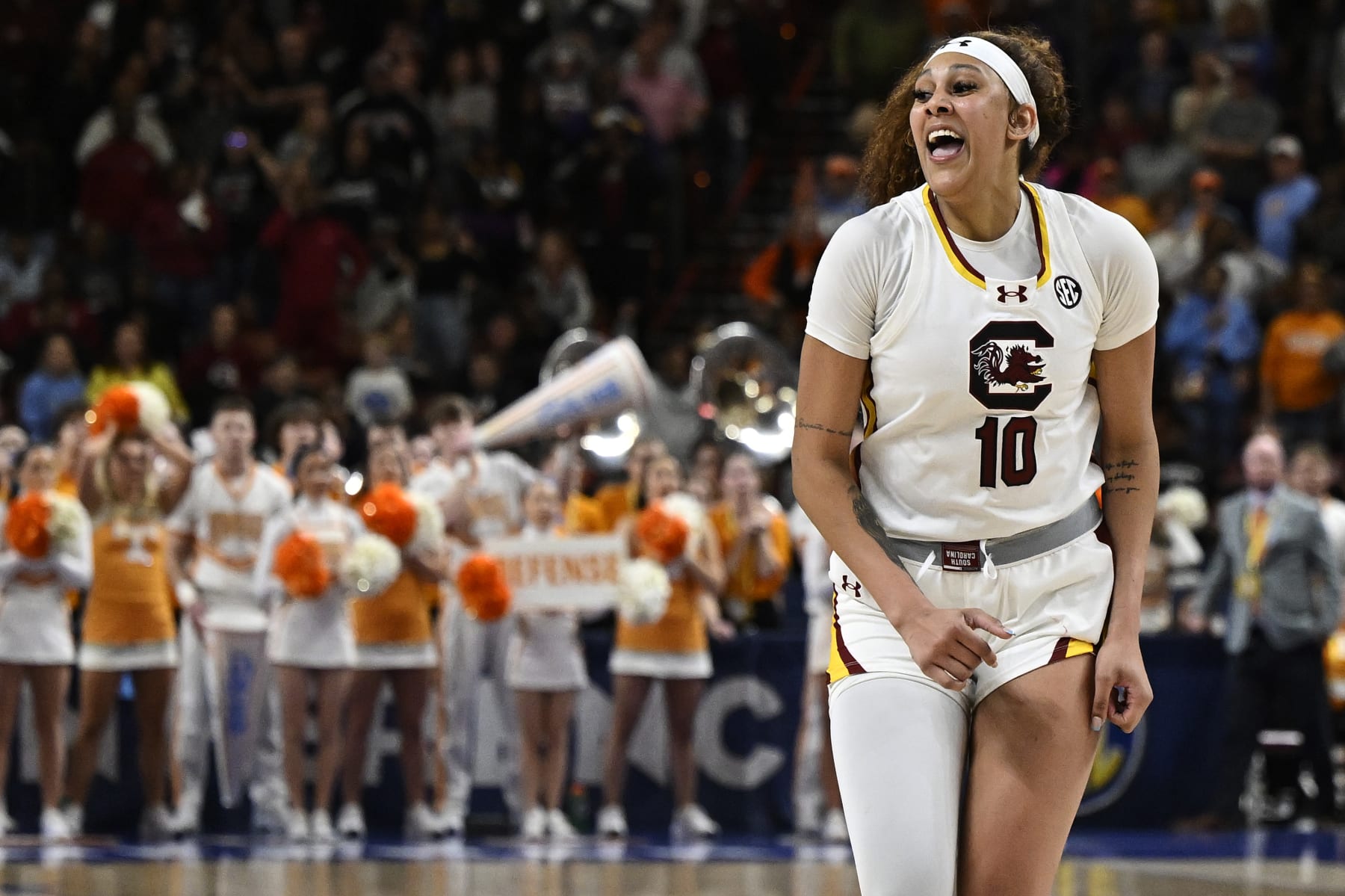 GREENVILLE, SOUTH CAROLINA - MARCH 09: Kamilla Cardoso #10 of the South Carolina Gamecocks celebrates her buzzer beater three point basket to win their game against the Tennessee Lady Vols during the semifinals of the SEC Women's Basketball Tournament at Bon Secours Wellness Arena on March 09, 2024 in Greenville, South Carolina. (Photo by Eakin Howard/Getty Images)