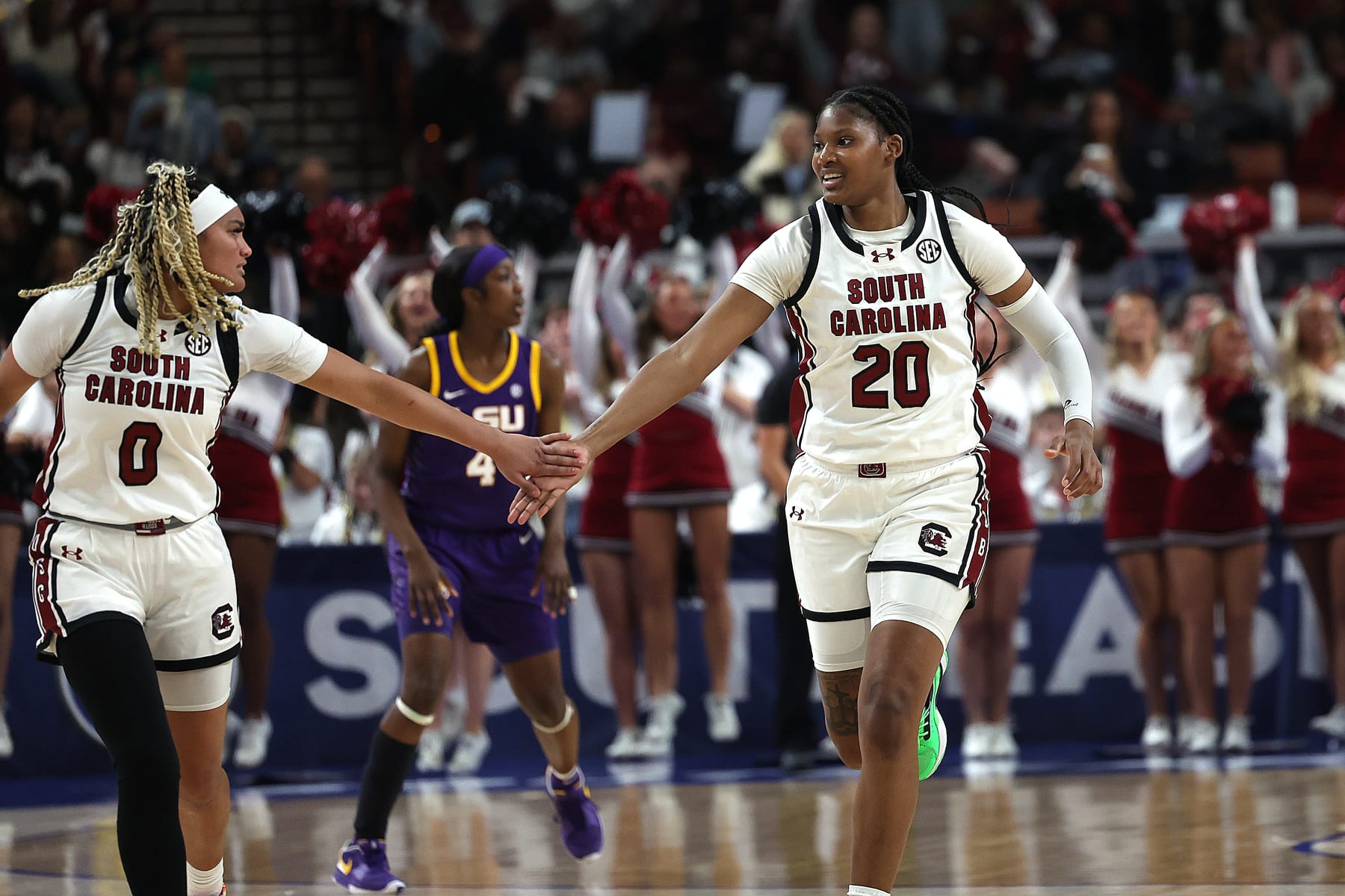 GREENVILLE, SC - MARCH 10: South Carolina Gamecocks guard Te-Hina Paopao (0) and South Carolina Gamecocks forward Sania Feagin (20) during the SEC Women's Basketball Tournament Championship Game between the LSU Tigers and the South Carolina Gamecocks March 10, 2024 at Bon Secours Wellness Arena in Greenville, S.C. (Photo by John Byrum/Icon Sportswire via Getty Images)