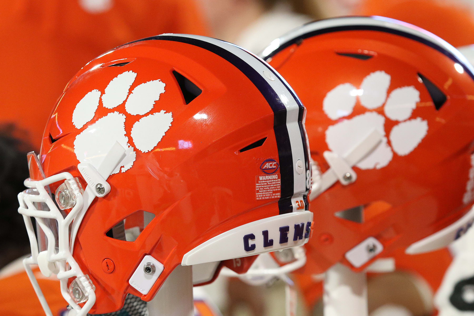 CLEMSON, SC - NOVEMBER 18: Clemson helmets during a college football game between the North Carolina Tar Heels and the Clemson Tigers on November 18, 2023 at Clemson Memorial Stadium in Clemson, S.C.  (Photo by John Byrum/Icon Sportswire via Getty Images)