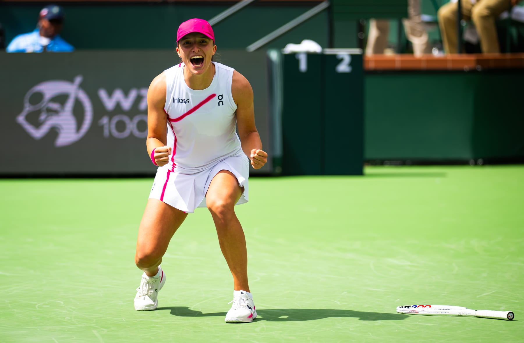 INDIAN WELLS, CALIFORNIA - MARCH 17: Iga Swiatek of Poland reacts to defeating Maria Sakkari of Greece in the womens singles final of the BNP Paribas Open at Indian Wells Tennis Garden on March 17, 2024 in Indian Wells, California (Photo by Robert Prange/Getty Images)