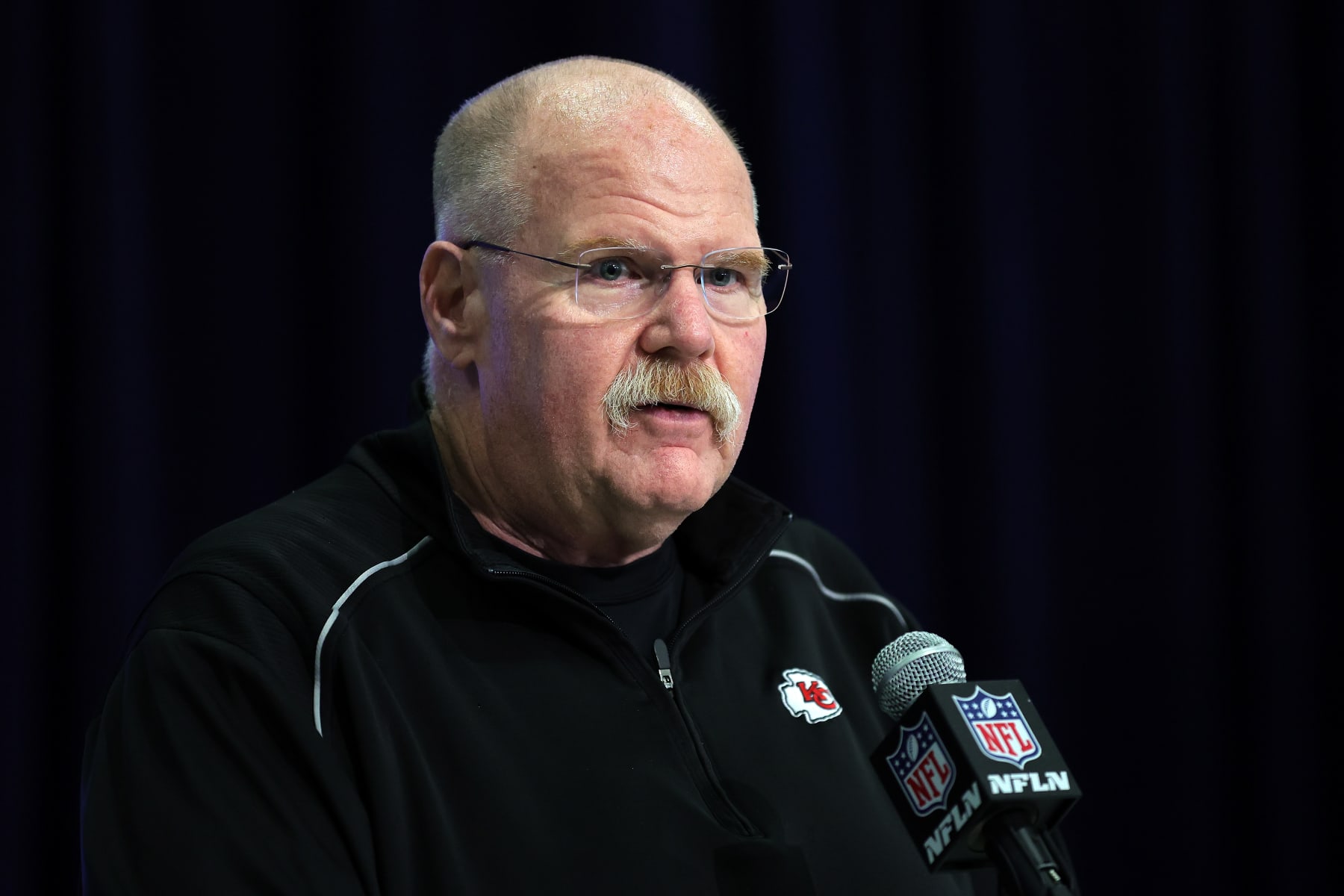 INDIANAPOLIS, INDIANA - FEBRUARY 27: Head coach Andy Reid of the Kansas City Chiefs speaks to the media during the NFL Combine at the Indiana Convention Center on February 27, 2024 in Indianapolis, Indiana. (Photo by Stacy Revere/Getty Images)