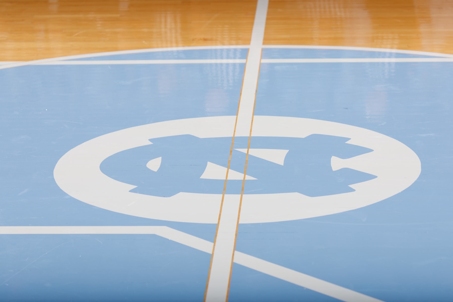 CHAPEL HILL, NC - MARCH 05: A general view of the interlocking NC logo at the middle of the court of the Smith Center during a game between the North Carolina Tar Heels and the Notre Dame Fighting Irish on March 05, 2024 at the Dean Smith Center in Chapel Hill, North Carolina. North Carolina won 84-51. (Photo by Peyton Williams/UNC/Getty Images)