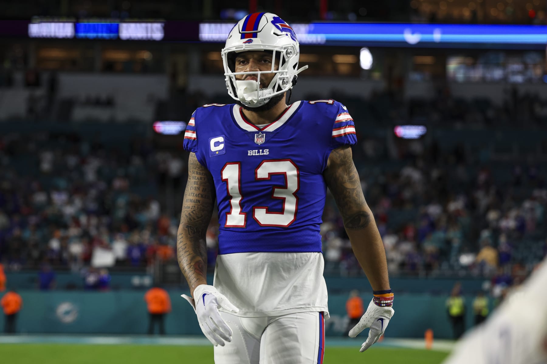 MIAMI GARDENS, FL - JANUARY 07: Gabe Davis #13 of the Buffalo Bills warms up prior to an NFL football game against the Miami Dolphins at Hard Rock Stadium on January 7, 2024 in Miami Gardens, Florida. (Photo by Perry Knotts/Getty Images)