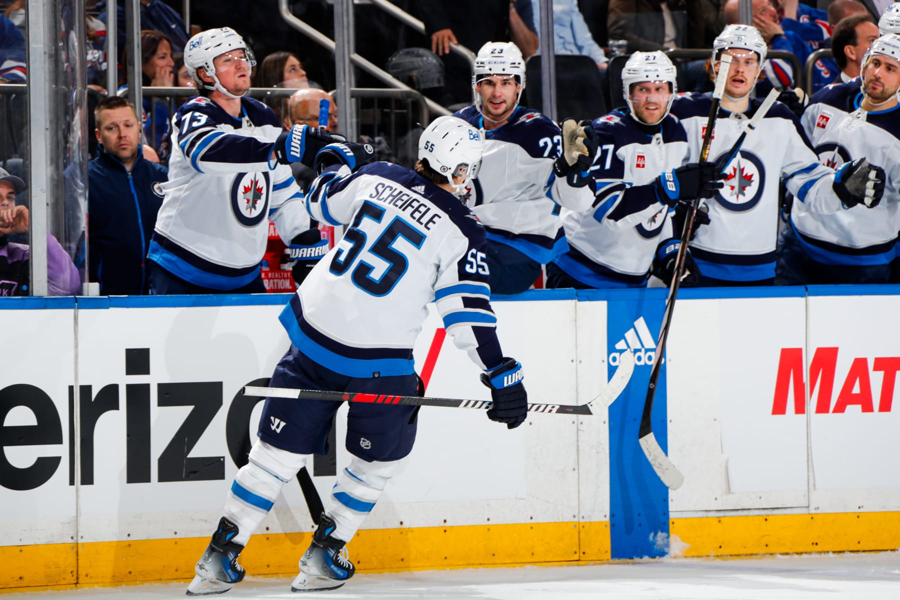NEW YORK, NEW YORK - MARCH 19: Mark Scheifele #55 of the Winnipeg Jets celebrates after scoring a goal in the second period against the New York Rangers at Madison Square Garden on March 19, 2024 in New York City. (Photo by Jared Silber/NHLI via Getty Images)