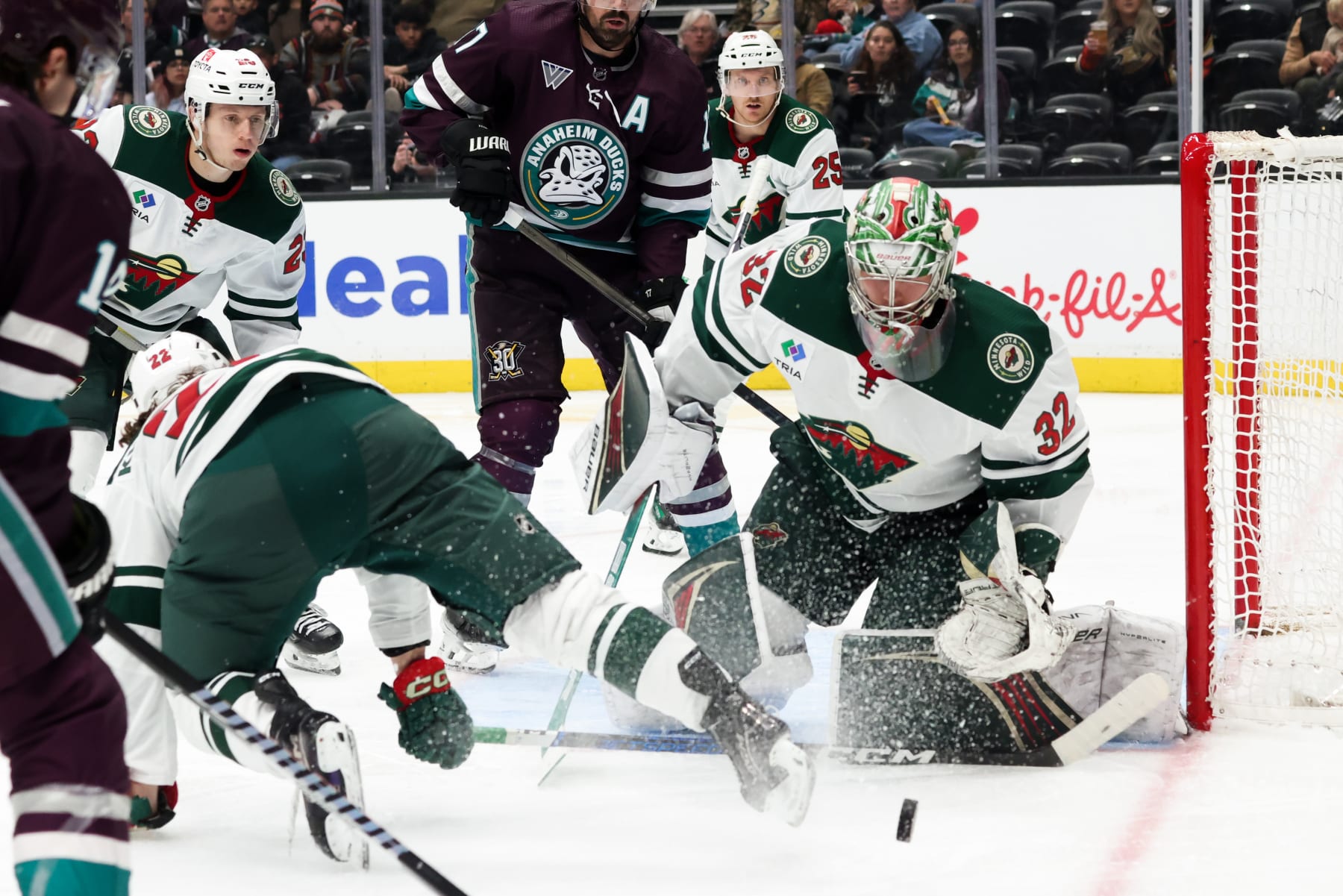 ANAHEIM, CA MARCH 19: Filip Gustavsson #32 of the Minnesota Wild holds the crease during the game against the Anaheim Ducks on March 19, 2024 at Honda Center in Anaheim, California. (Photo by Debora Robinson NHLI via Getty Images)