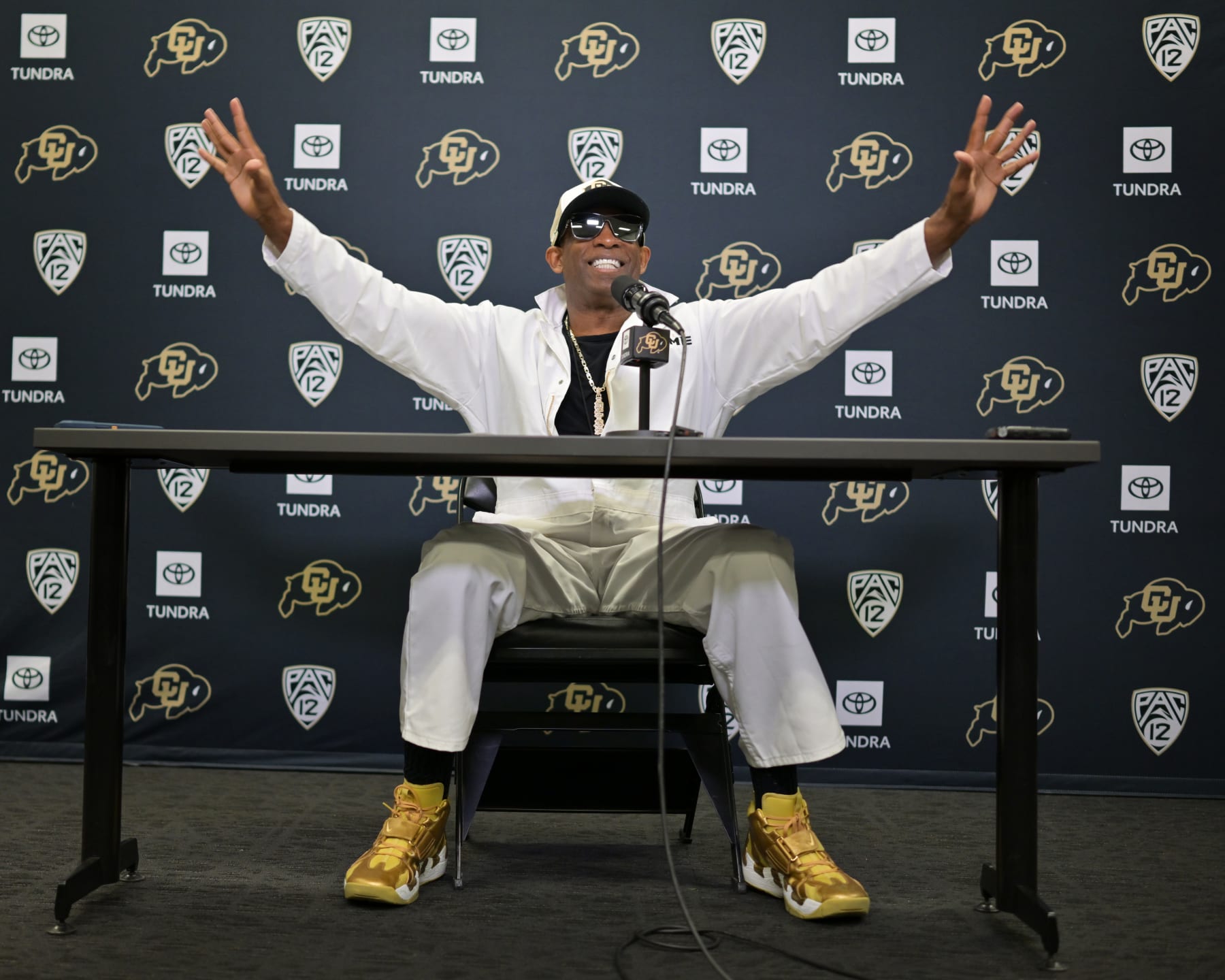 BOULDER, COLORADO - MARCH 20: Deion Coach Prime Sanders speaks with the media on campus about his second season as head coach of the Colorado Buffaloes in Boulder, Colorado on March 20, 2024. Photo by  RJ Sangosti/MediaNews Group/The Denver Post via Getty Images)