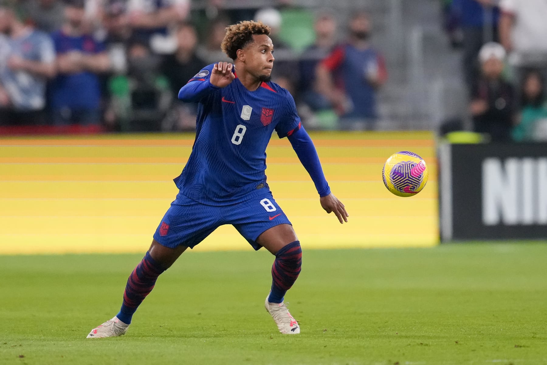 AUSTIN, TX - NOVEMBER 16: Weston McKennie #8 of the United States turns and moves with the ball during a Concacaf Nations League game between Trinidad and Tobago and USMNT at Q2 Stadium on November 16, 2023 in Austin, Texas. (Photo by Robin Alam/ISI Photos/Getty Images)