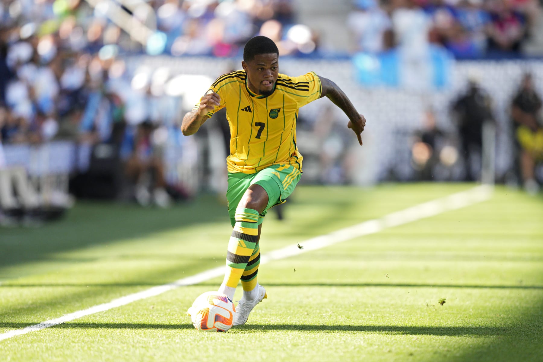 CINCINNATI, OHIO - JULY 09: Leon Bailey #7 of Jamaica controls the ball during the first half of a CONCACAF Gold Cup Quarterfinal match against Guatemala at TQL Stadium on July 09, 2023 in Cincinnati, Ohio. (Photo by Jeff Dean/Getty Images)