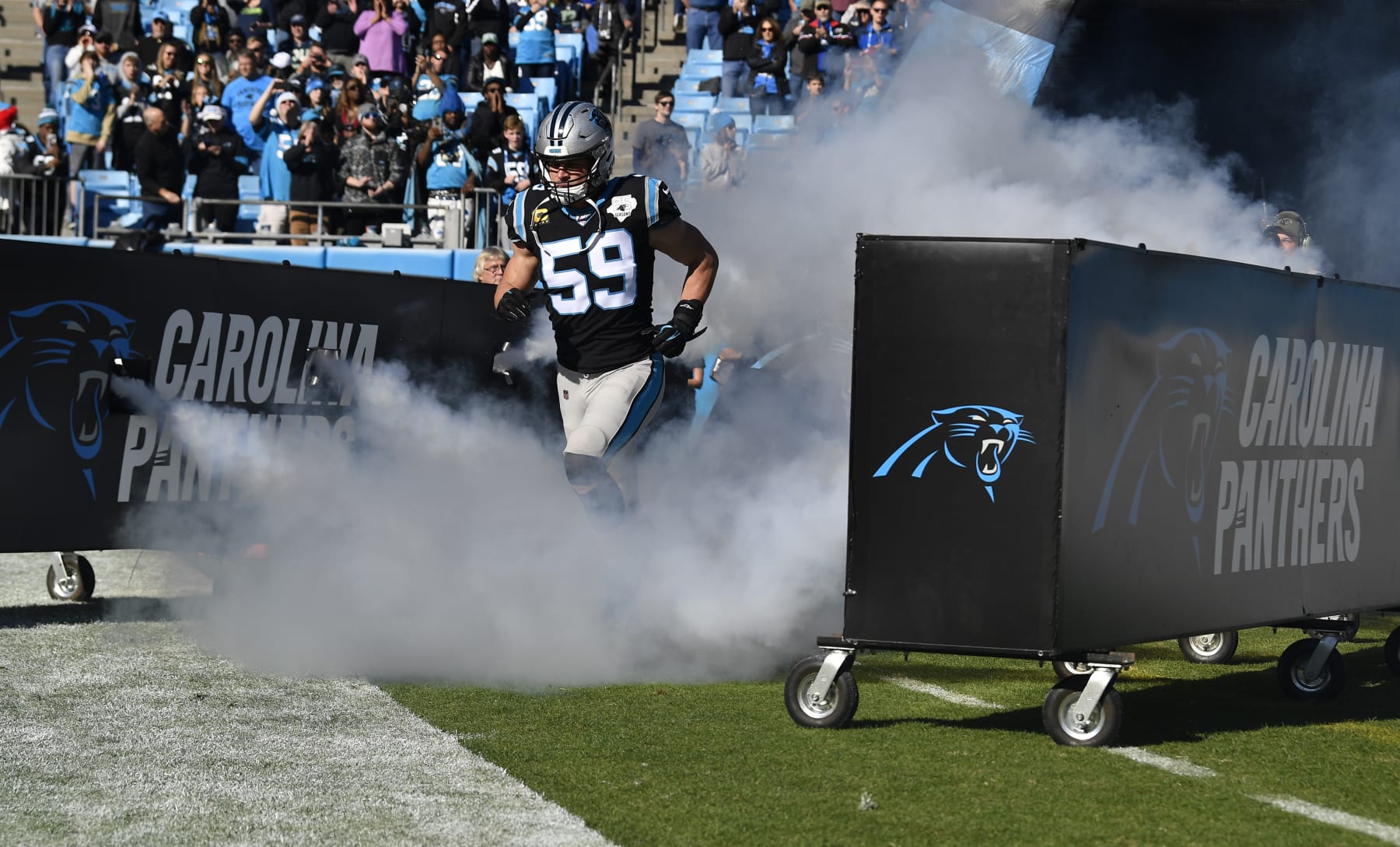 CHARLOTTE, NORTH CAROLINA - DECEMBER 15: Carolina Panthers middle linebacker Luke Kuechly #59 takes to the field against Seattle Seahawks in the game at Bank of America Stadium on December 15, 2019 in Charlotte, North Carolina. (Photo by Grant Halverson/Getty Images)