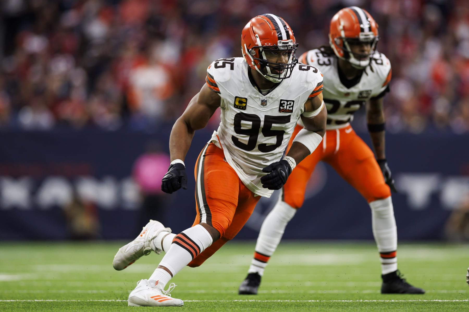 HOUSTON, TEXAS - JANUARY 13: Myles Garrett #95 of the Cleveland Browns runs around the edge during an AFC wild-card playoff football game against the Houston Texans at NRG Stadium on January 13, 2024 in Houston, Texas. (Photo by Ryan Kang/Getty Images)