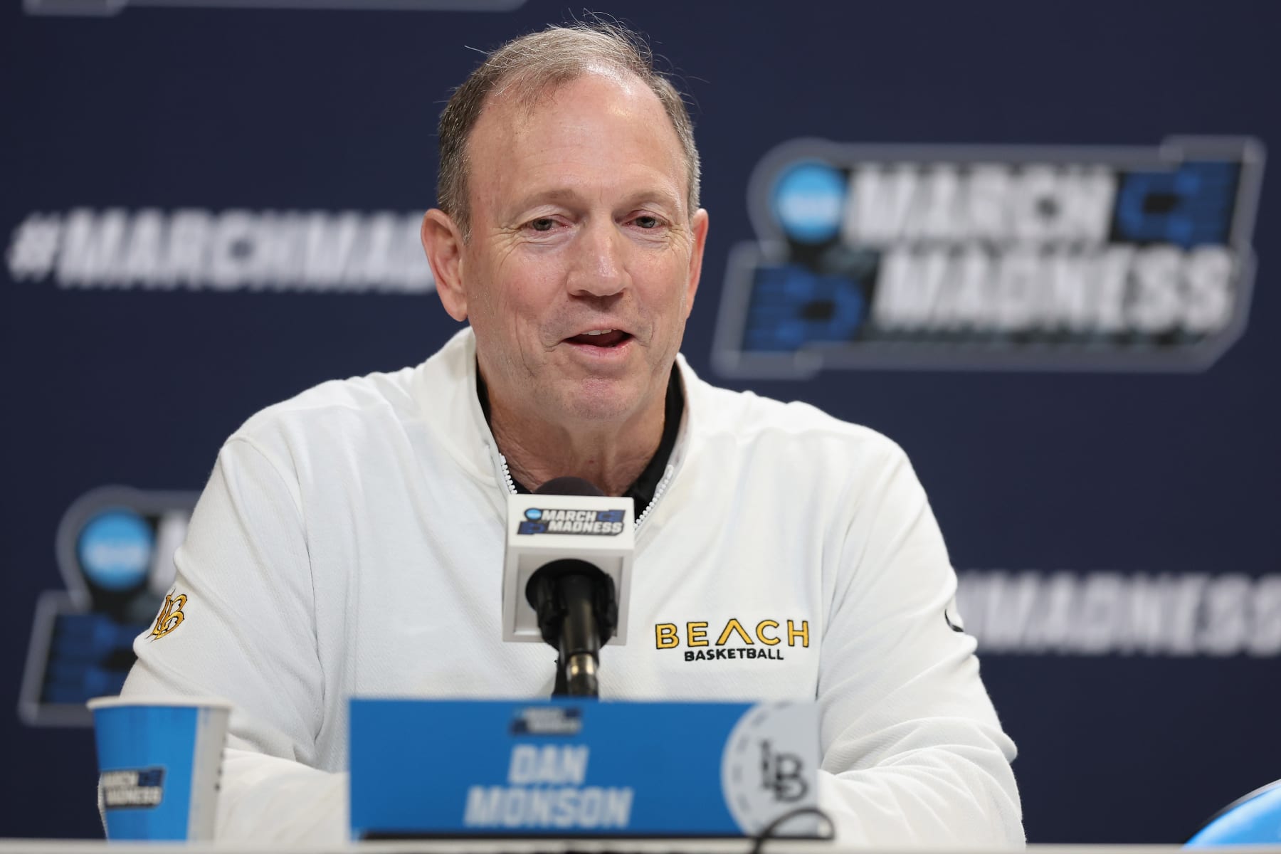 SALT LAKE CITY, UTAH - MARCH 20: Head coach Dan Monson of the Long Beach State 49ers speaks during a press conference ahead of the NCAA Men's Basketball Tournament at Delta Center on March 20, 2024 in Salt Lake City, Utah. (Photo by Christian Petersen/Getty Images)