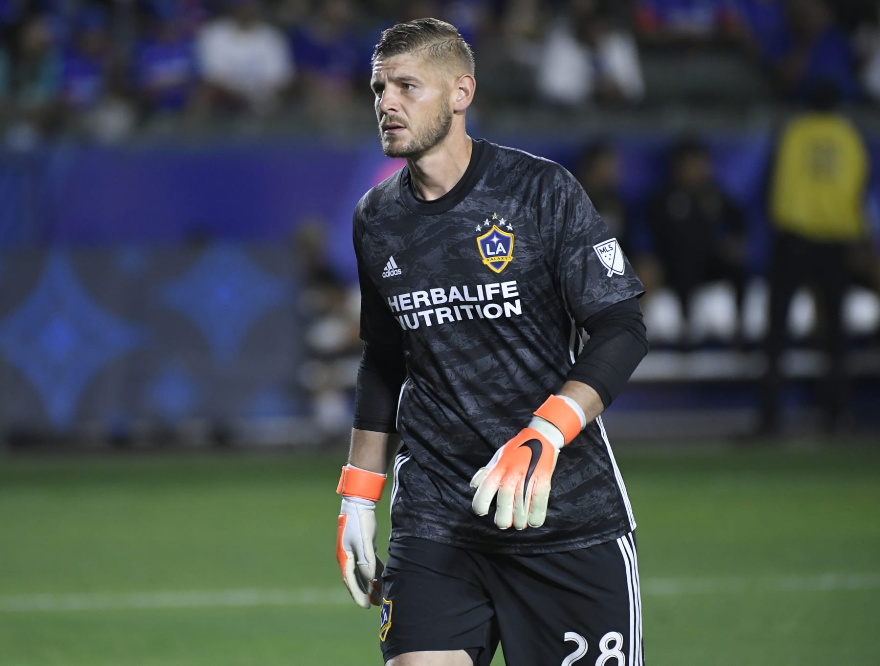 CARSON, CA - AUGUST 20: Matt Lampson #28 of Los Angeles Galaxy during a game against the Cruz Azul Los Angeles Galaxy at Dignity Health Sports Park on August 20, 2019 in Carson, California. Cruz Azul won 2-1. (Photo by John McCoy/Getty Images)