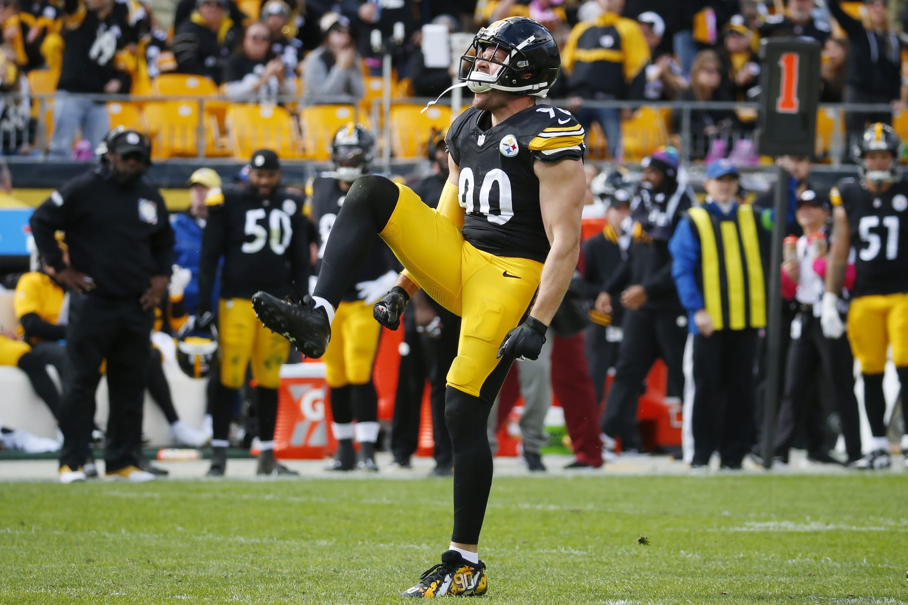 PITTSBURGH, PENNSYLVANIA - OCTOBER 08: T.J. Watt #90 of the Pittsburgh Steelers celebrates after a sack during the second quarter against the Baltimore Ravens at Acrisure Stadium on October 08, 2023 in Pittsburgh, Pennsylvania. (Photo by Justin K. Aller/Getty Images)